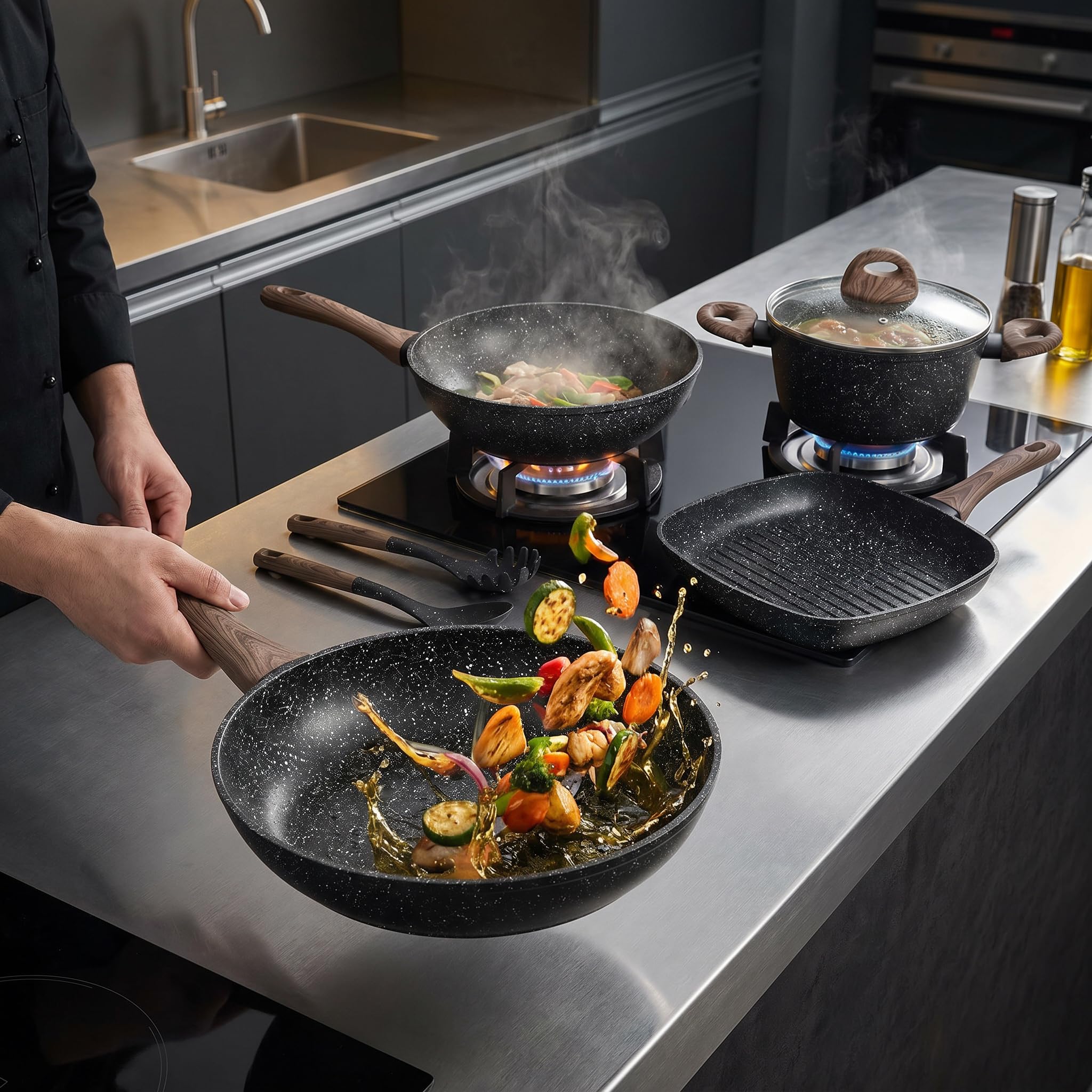 INTRECCI Set 10 Pezzi Padelle e Utensili Cucina con Casseruola, Wok, Bistecchiera | Batteria Pentole Antiaderente Rivestimento Marble Stone | Fondo Induzione e Gas | Alluminio, Nickel e PFOA Free