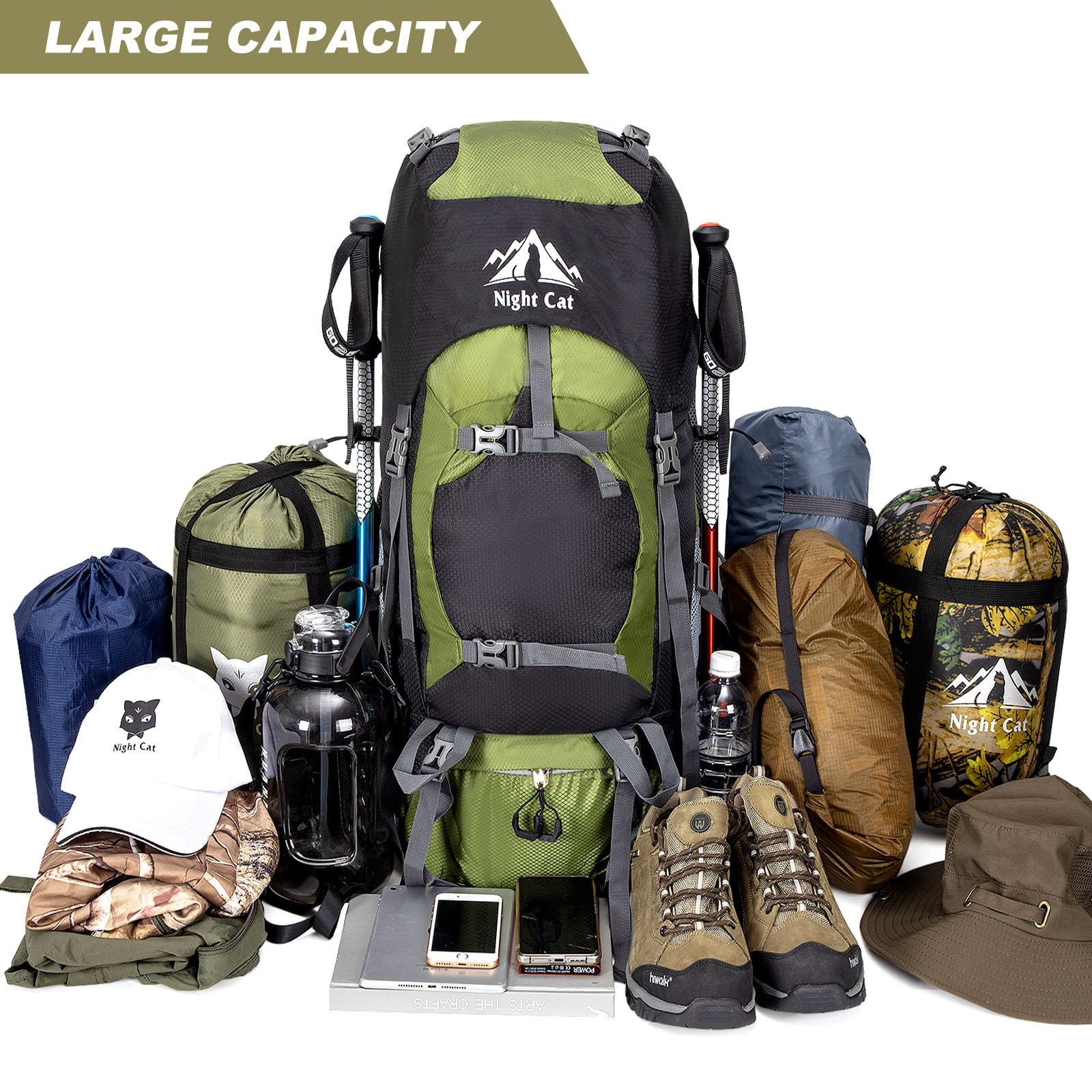 Night Cat 90L Mochila de Senderismo para Hombres Mujeres Macutos de Trekking