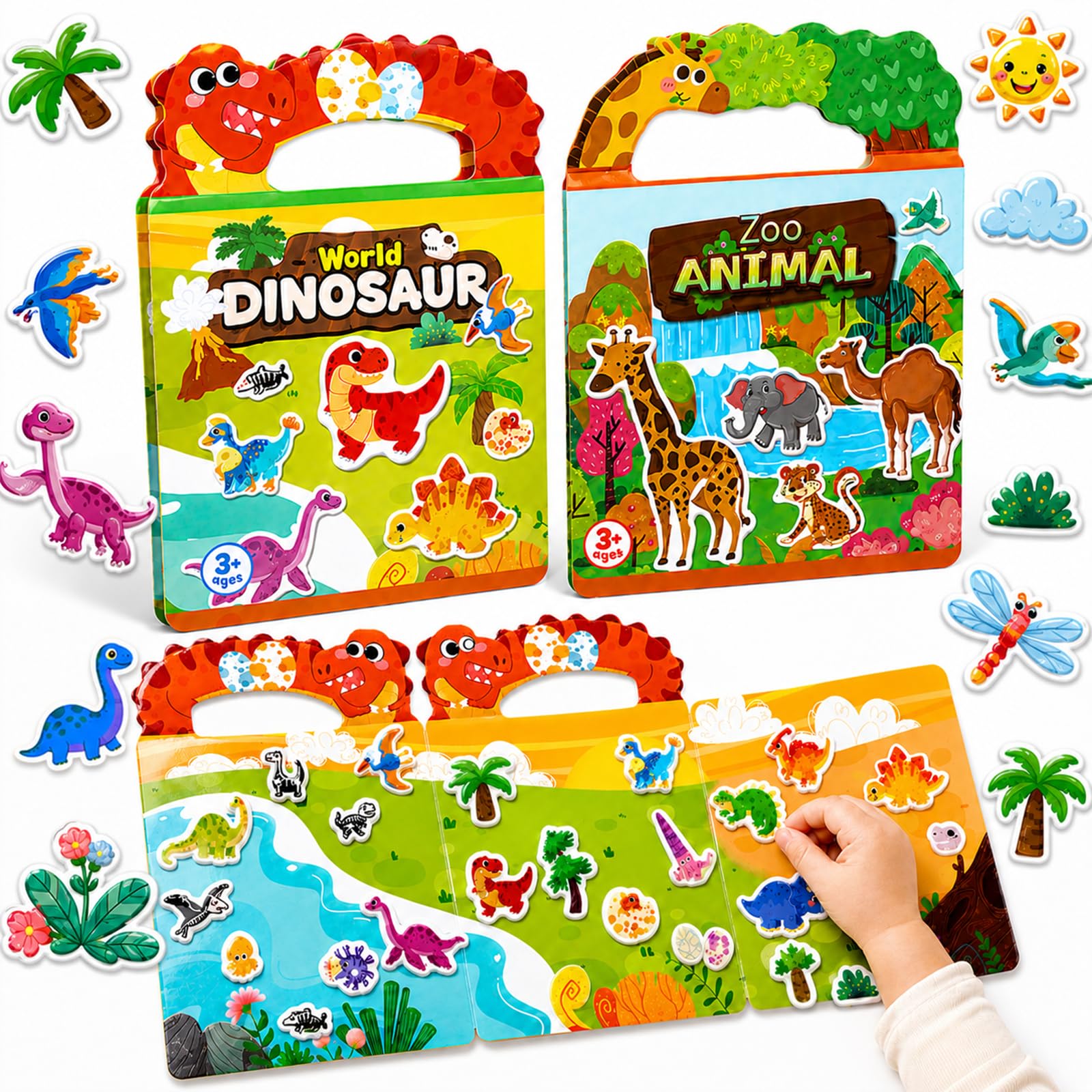 Dubydu Reusable Sticker Book for Kids 2-6, Puffy Sticker Books with Animals & Dinosaurs Themes, Kids Sticker Books Activity Set, Toddler Sticker Book Travel Toy Gifts for Boys Girls