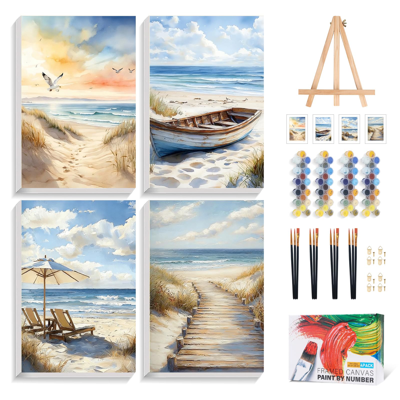 4 Pack Framed Paint by Numbers for Adult with Wooden Easel, Beach Landscape Paint by Numbers for Beginners, Coastal Seaside DIY Acrylic Painting Kit for Stress Relief & Ocean Wall Decor 8x12 Inch
