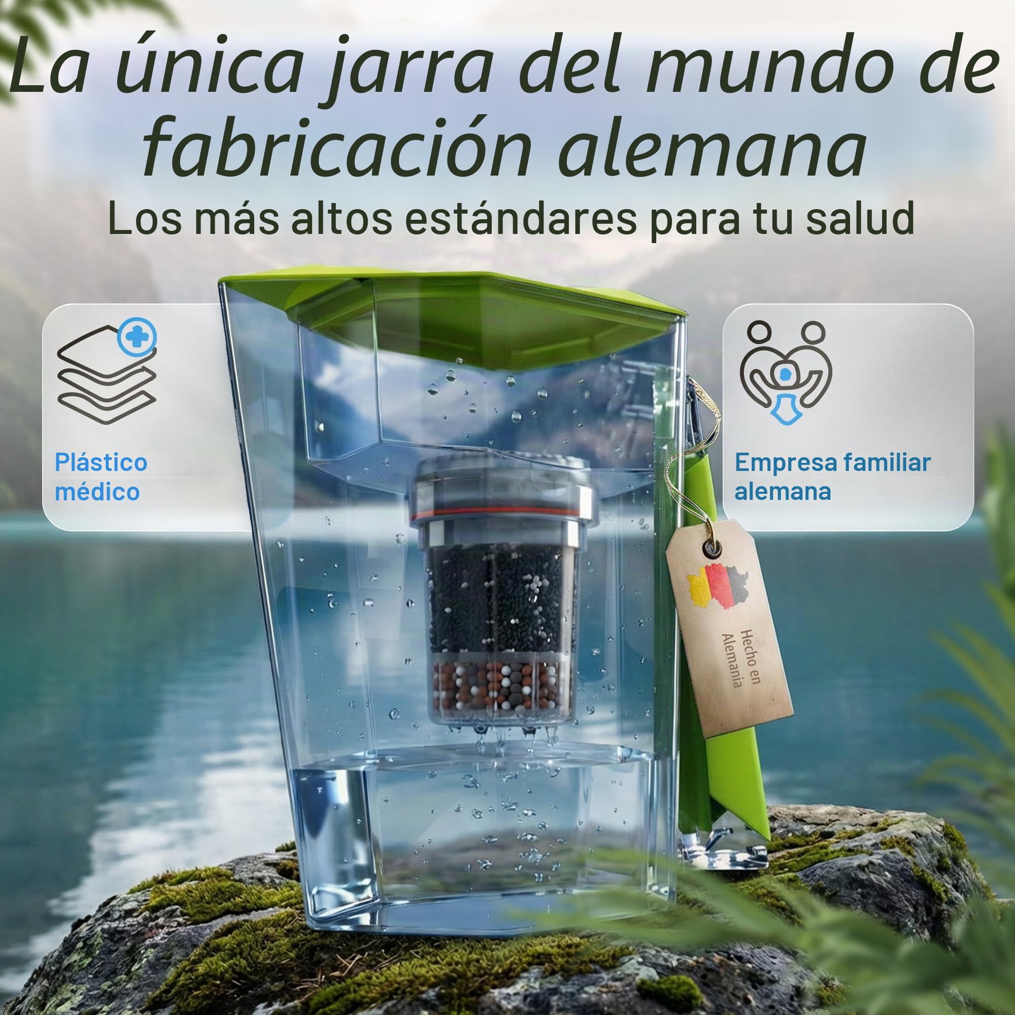 MAUNAWAI Filtro de agua Premium Bio Fabricado en Alemania con 1 jarra para agua potable + 1 cartucho filtrante y 1 almohadilla filtrante (para 3 meses) – Verde, filtro de agua potable + jarra