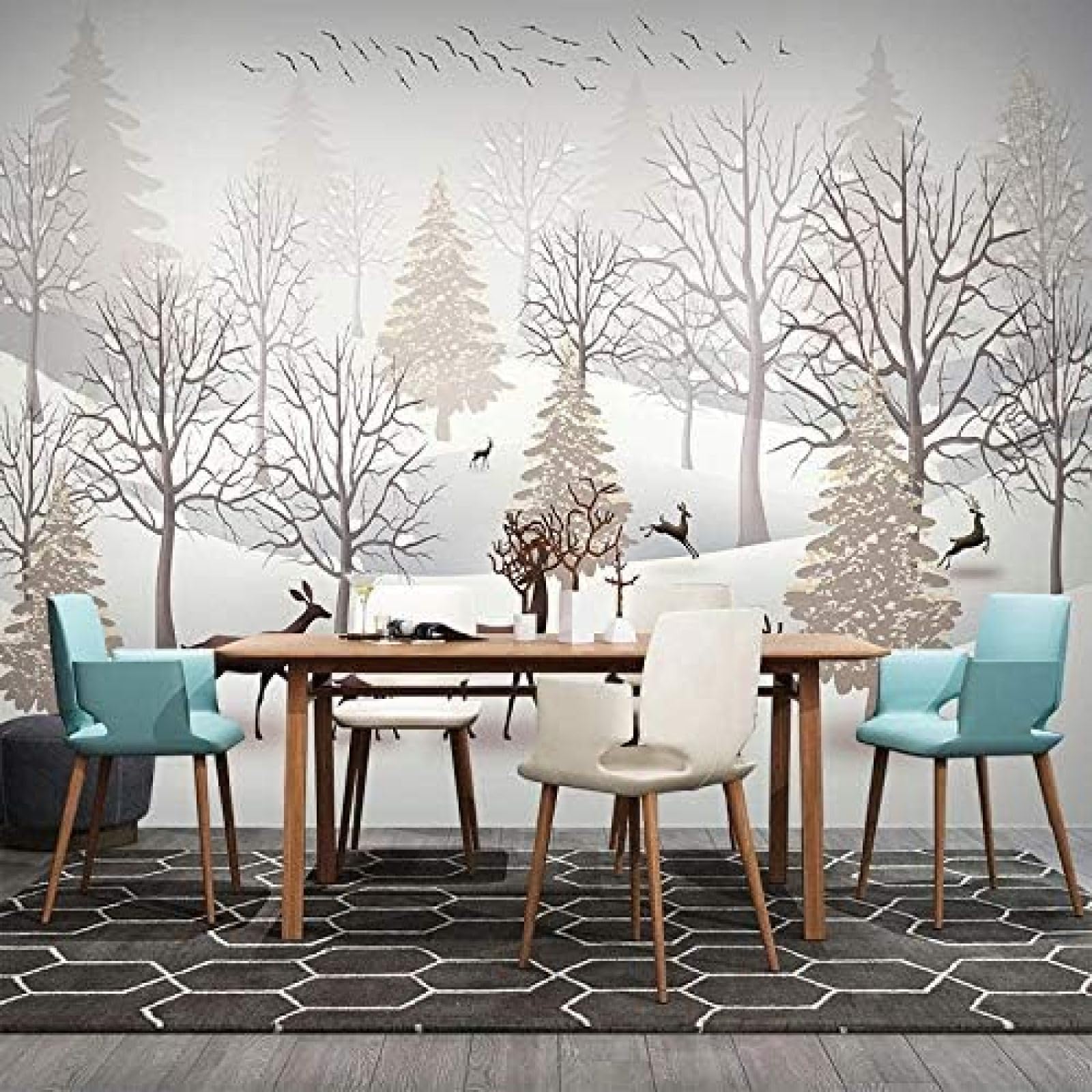 Papier peint 3D forêt d'arbres enneigés intissé mural salon chambre salle à manger 150x105