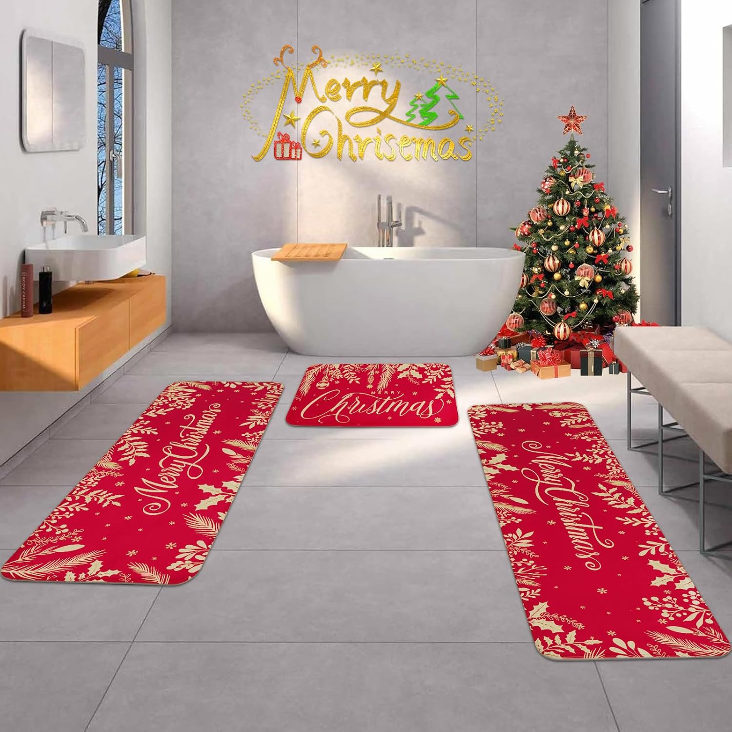 Christmas Kitchen Rug Sets of 3, Xmas Holly Pine Branches Leaves Kitchen Mats for Floor Non Slip Kitchen Rugs and Mats Washable Absorbent Kitchen Runner Rugs Decor, 17" x 30"+17'' x 47''+17'' x 60''