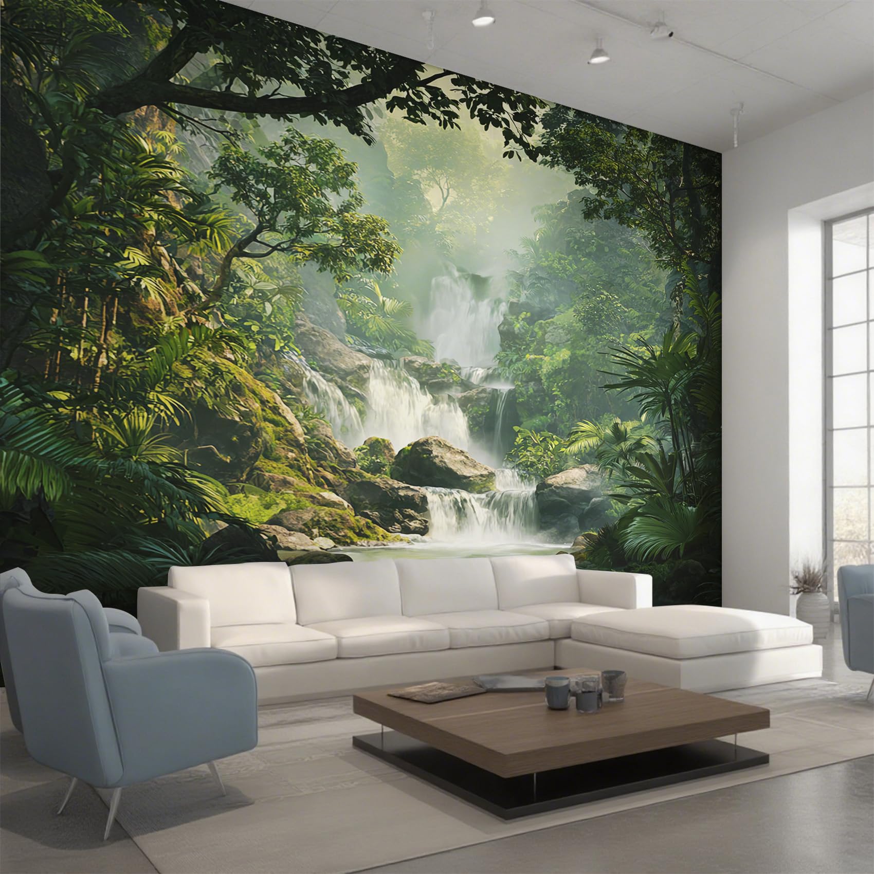 Non-Woven Tropical Forest Waterfall Wallpaper - Jungle Rainforest Lake Wall Mural for Bedroom, Living Room Background Decoration, Home Decor Photo Wall Paper 500x350 cm (WxH)