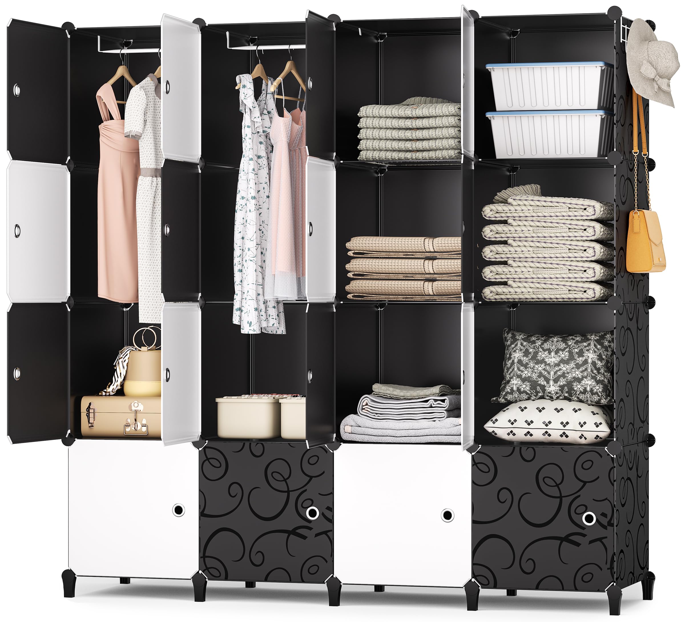 HOMIDEC Kleiderschrank, Tragbarer Regalsystem, 20 Würfel Schrank aus Kunststoff mit 2 Kleiderstange, Schlafzimmerschrank kleiderschrank Weiss für Schlafzimmer,180 x 142 x 45cm