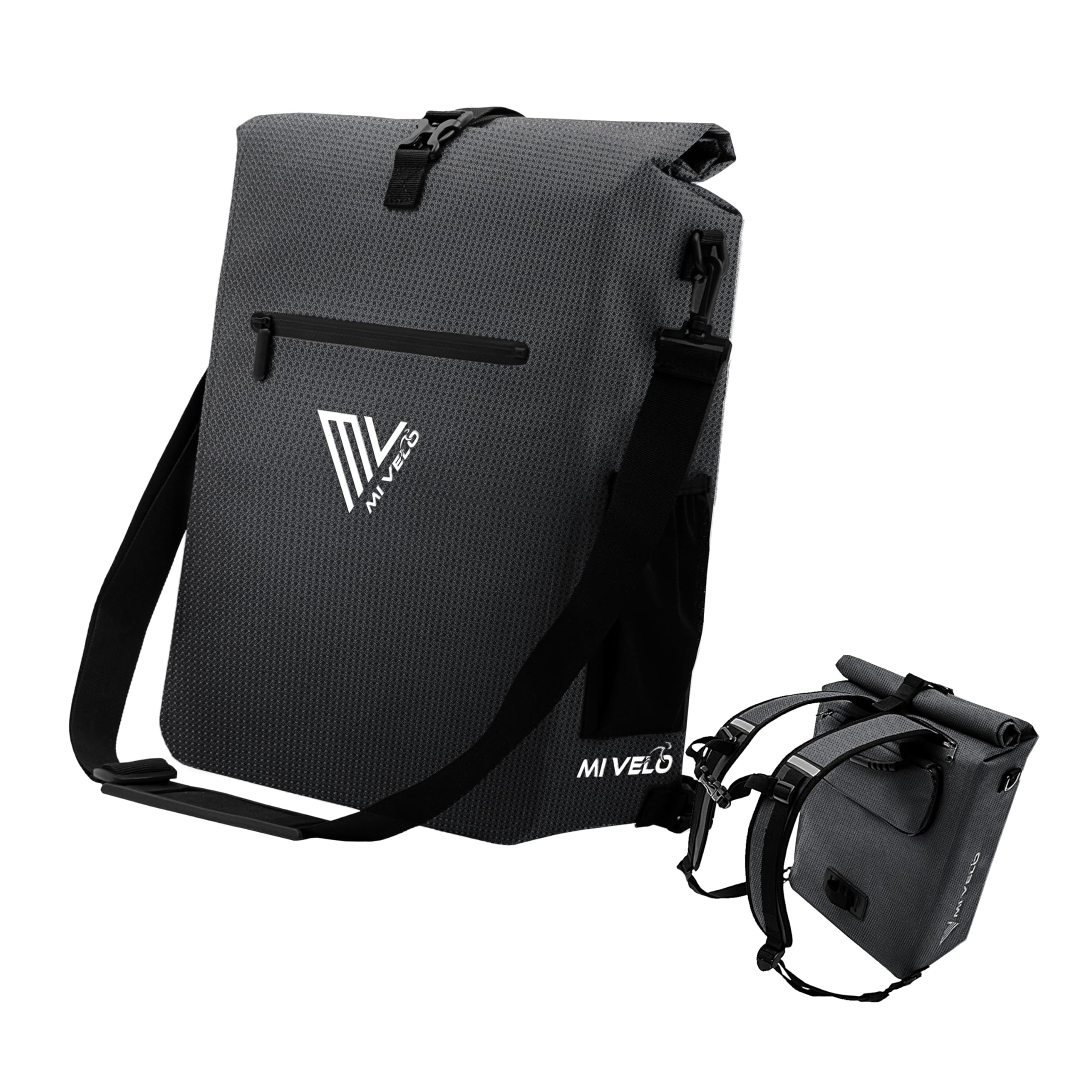 MIVELO Fahrradtasche für Gepäckträger - 3in1 Gepäckträgertasche Rucksack Umhängetasche - 100% wasserdicht und PVC-frei - Tasche für Fahrrad mit herausnehmbarer Laptoptasche (Schwarz-Reflektierend)