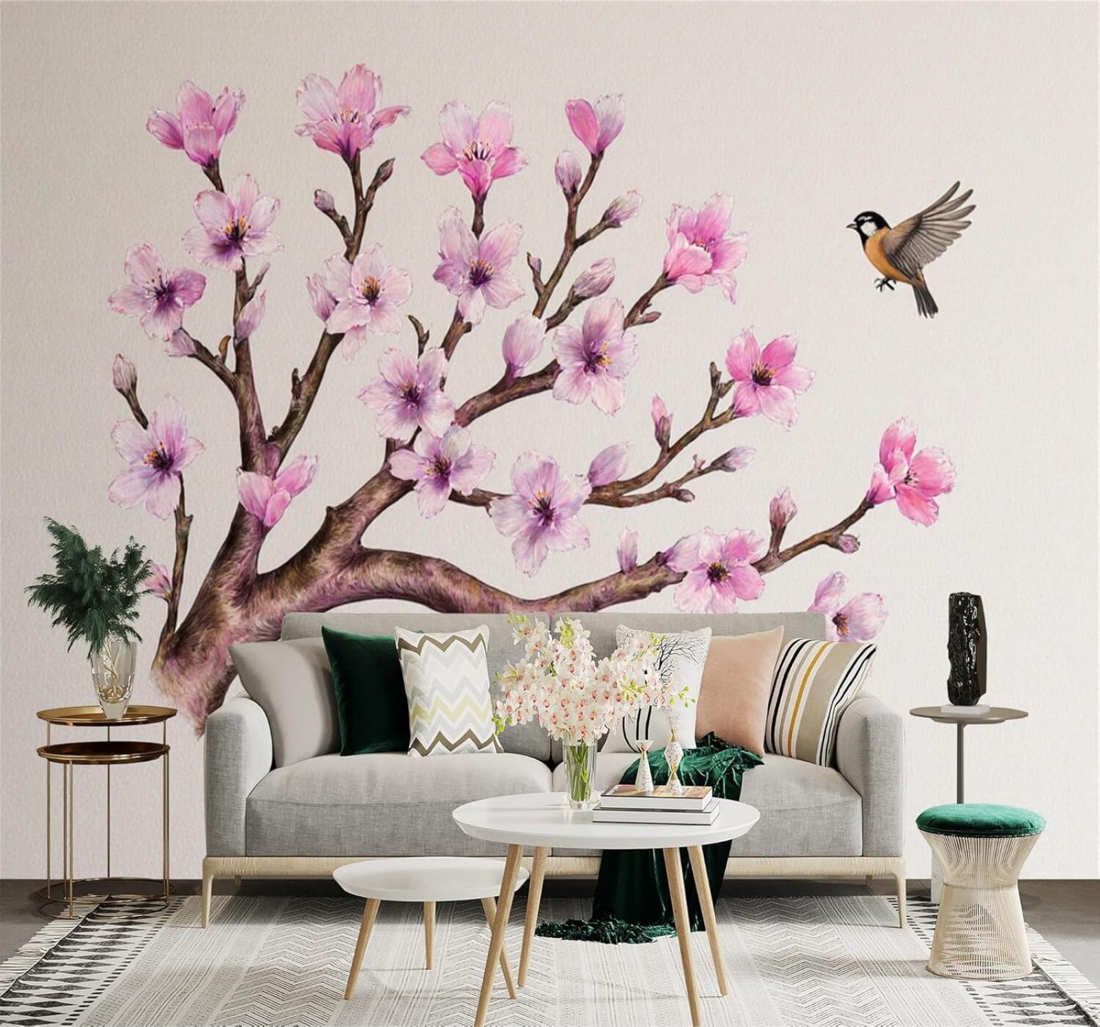 XLMING Cherry Blossom Branches Birds in Flight Pink Flowers Nature Art 3D Wallpaper Premium Textured Silk Study Dining Living Room Bedroom Sofa TV Wall Easy Install-400cm×280cm