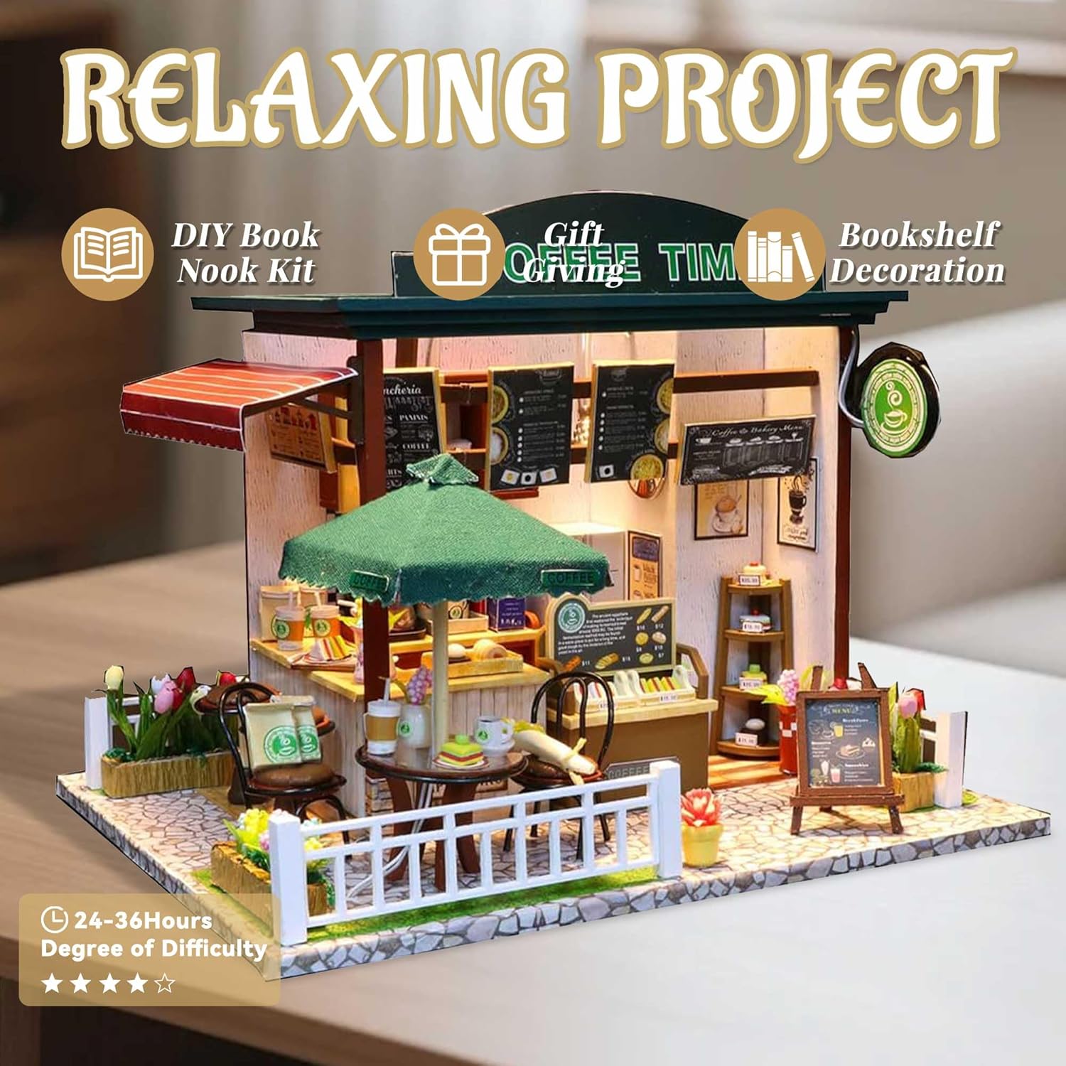 Flever Dollhouse Miniature DIY House Kit Creative Room with Furniture for Romantic Valentine's Gift (Time Cafe)