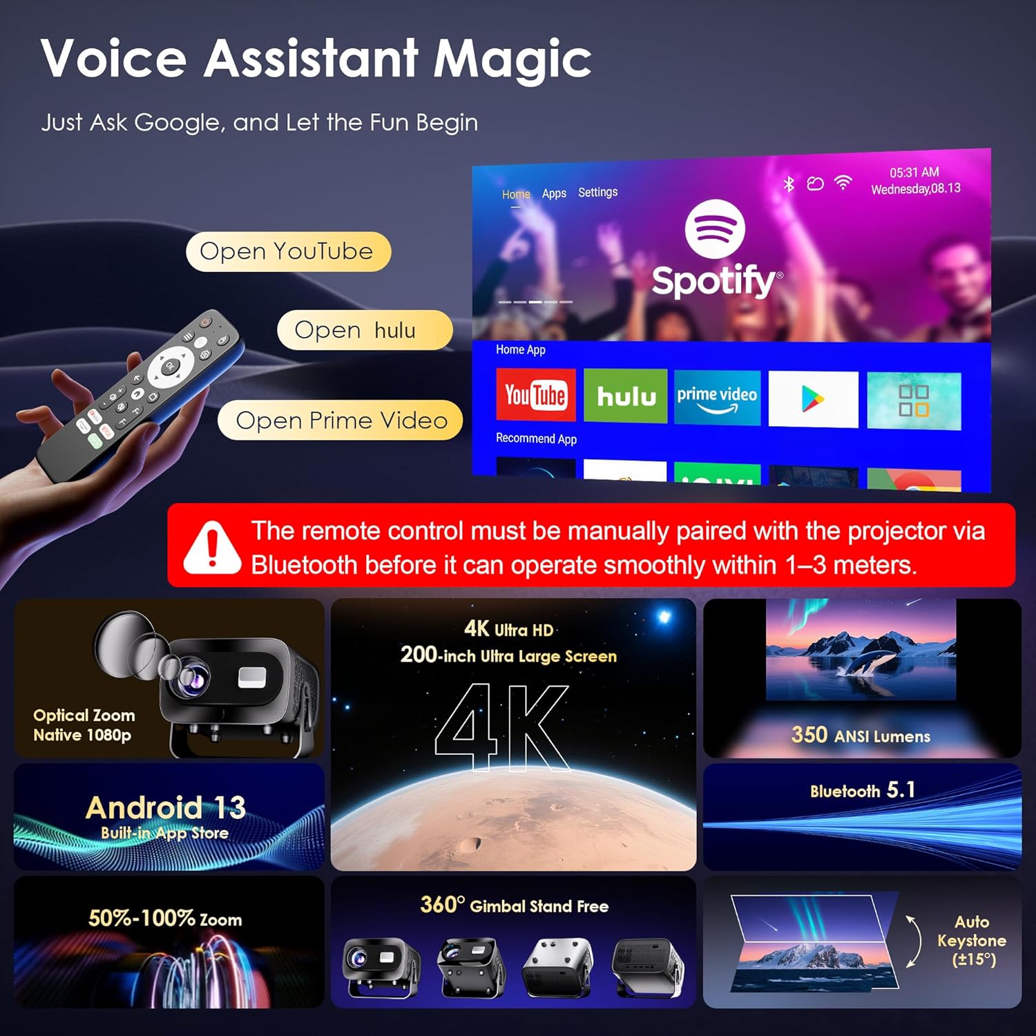 Projector with WiFi and Bluetooth, Electric Focus & Vertical Keystone, 1080P HD 4K Support, Smart Projector with Built-in Streaming Apps, Portable Projector for Outdoor & Home Movie