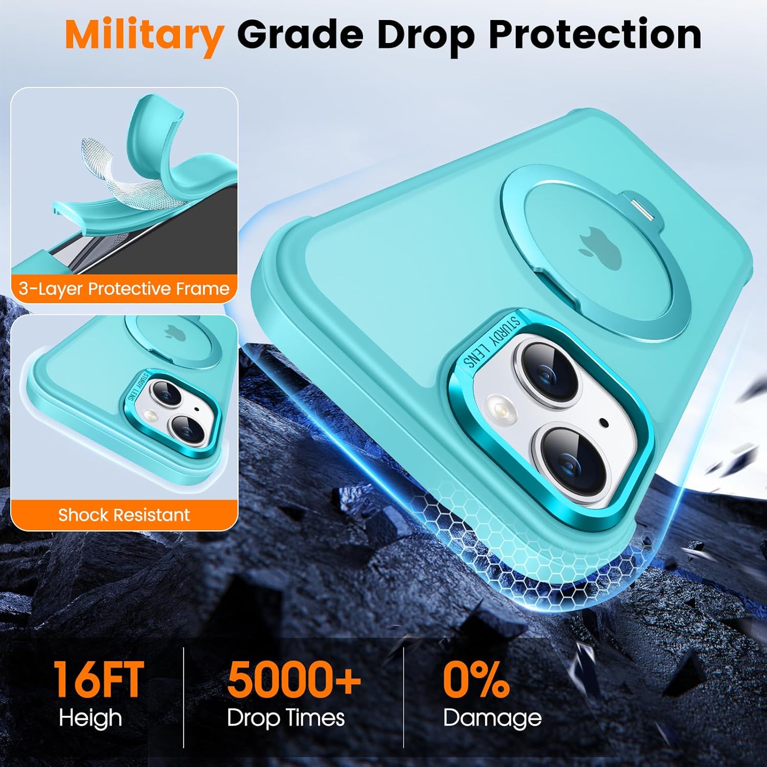Case for iPhone 15 with 360° Rotatable Magnetic Stand, Mil-Grade Drop Protection, Anti-Scratch/Anti-Slip/Anti-Fingerprint Translucent Matte Phone Case, Lake Blue