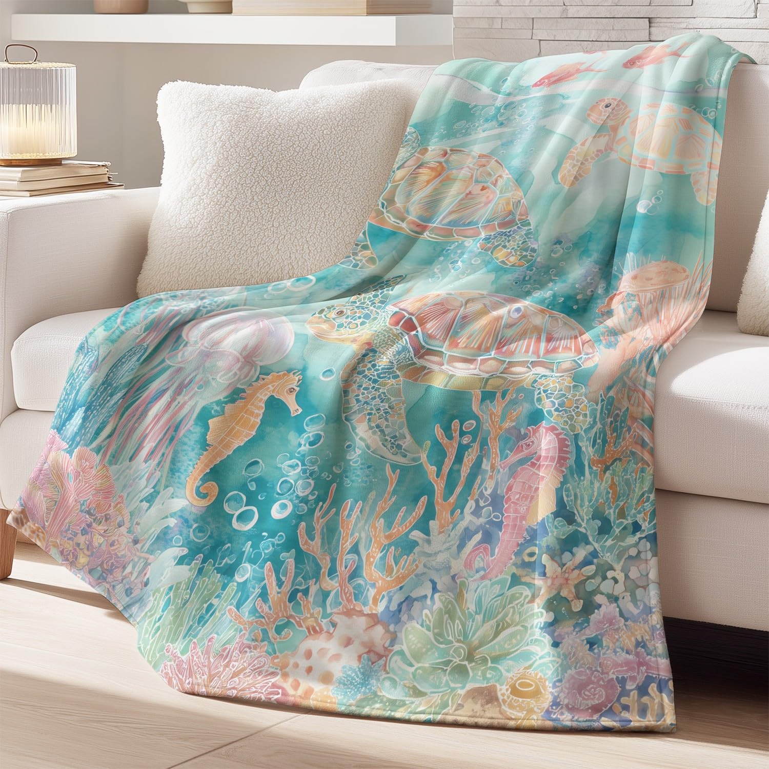 Koc dziecięcy do przytulania 150 cm x 180 cm, z fantazją, świeży, spokojny, elegancki, natura, podwodny świat zwierząt, polar, ciepły i miękki, flanelowy koc na łóżko, sofę, dla młodzieży