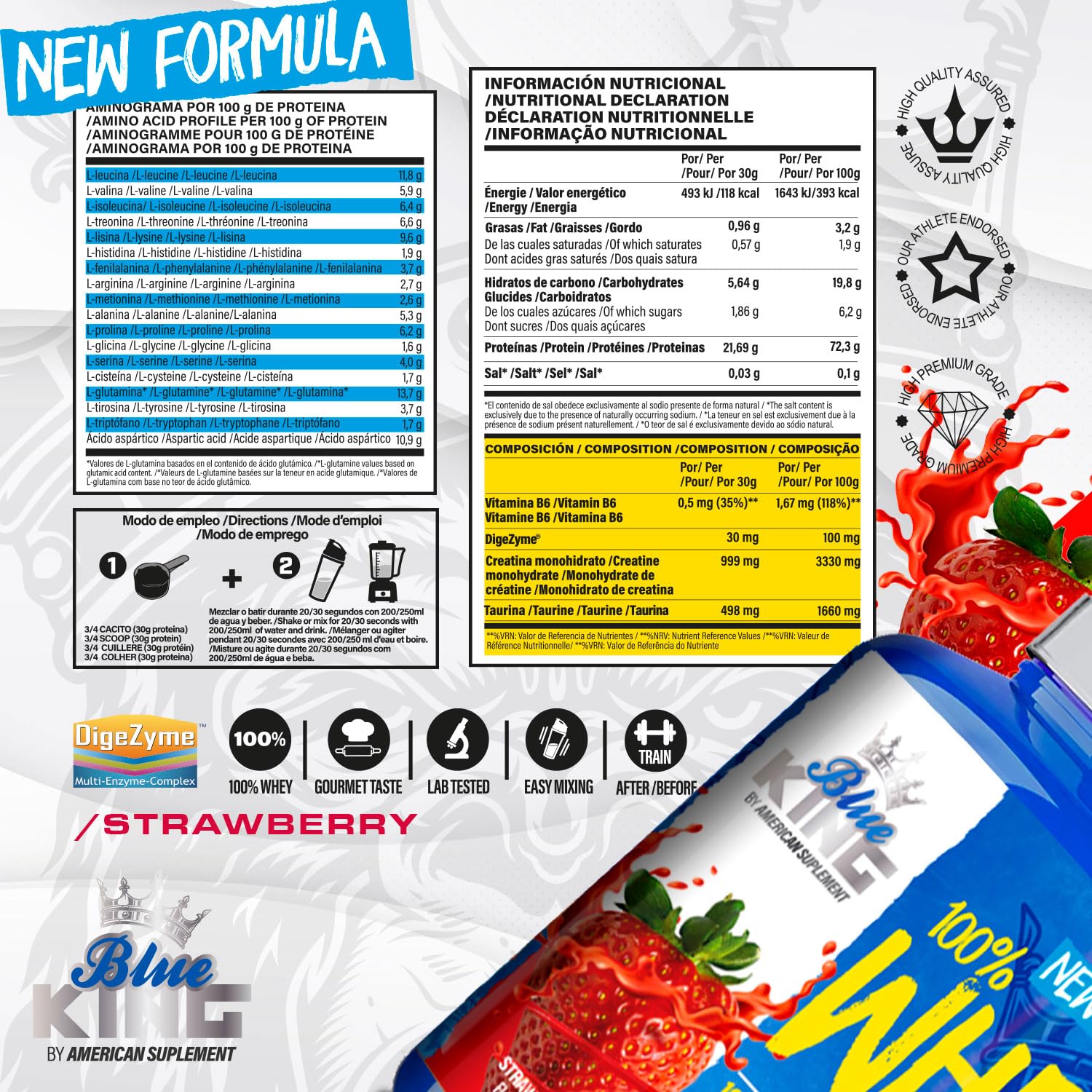 Proteine Whey Blueking | Proteines Musculation | Whey Protein | Augmente la Masse Musculaire et la Force | 1,8 kg | Évite le catabolisme | Contient de la Créatine | Fraise