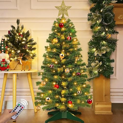 Miniatura 4 de Temporizador y 8 modos Árbol de Navidad de 3 pies con 50 luces cálidas, 15 adornos de bola con control remoto de estrella 3D, funciona con pilas,
