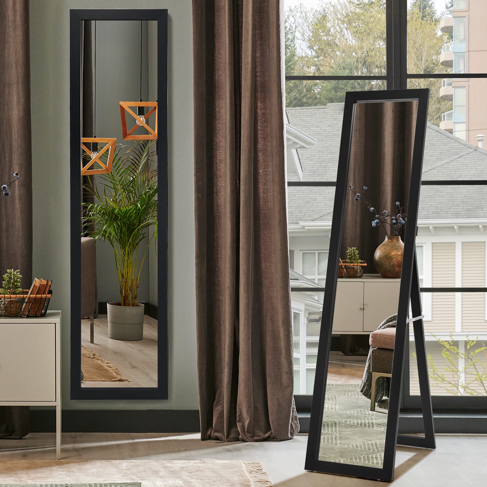 GYMAX Specchio da Terra, Specchio da Parete, Inclinazione Regolabile, con Cornice in Legno Rettangolare, per Camera da Letto, Specchiera Moderna, 37 x 50 x 148 cm (Nero)