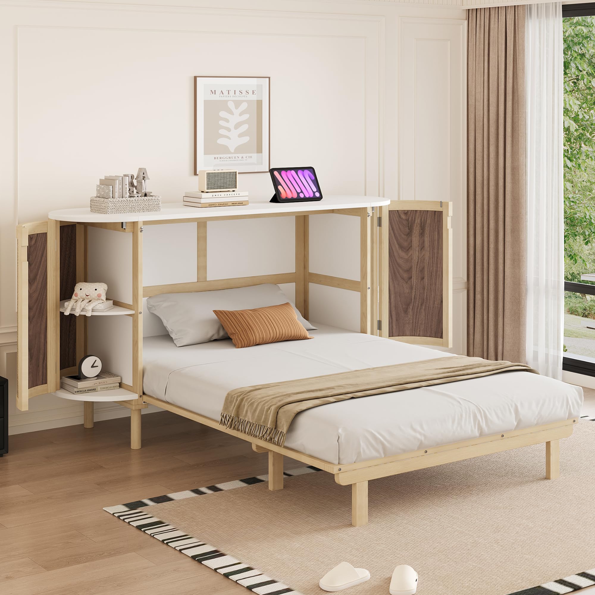 LAKFEW Cama Abatible Camas Juveniles Cama 140x200 cm con Diseño Tipo Armario y Estante Almacenaje, Camas Matrimoniales Murphy Bed Que Ahorra Espacio, Soporte Listones Madera,Color Madera, Sin Colchón