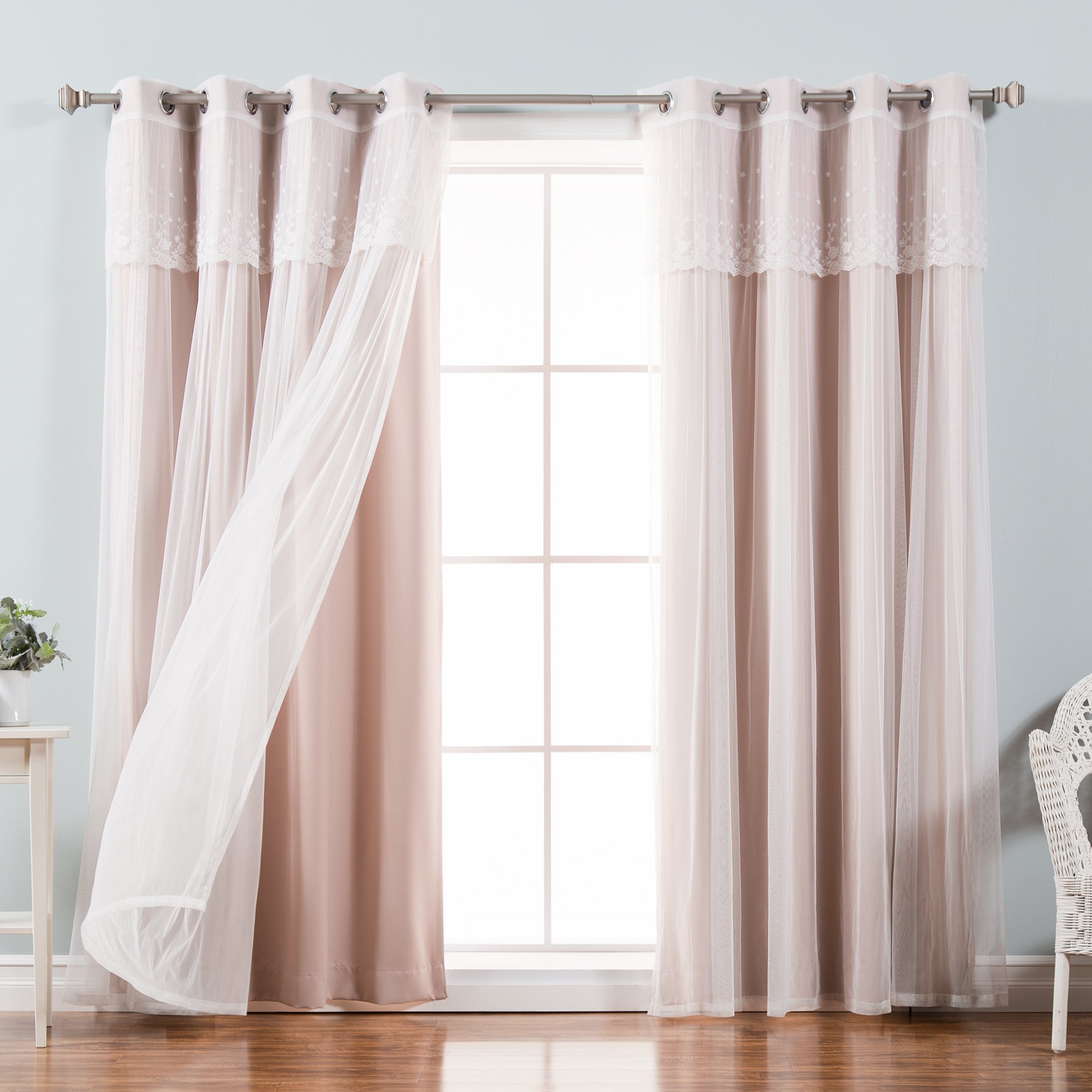Best Home Fashion uMIXm Tulle Sheer with Attached Valance & Solid Blackout 4 Piece Curtain Set – Stainless Steel Nickel Grommet Top – Dusty Pink – 52"