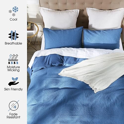 Miniatura 5 de Juego de funda de edredón de tejido de gofre, tamaño Queen, 100 % algodón, con cierre de cremallera, suave, transpirable, texturizada, para todas