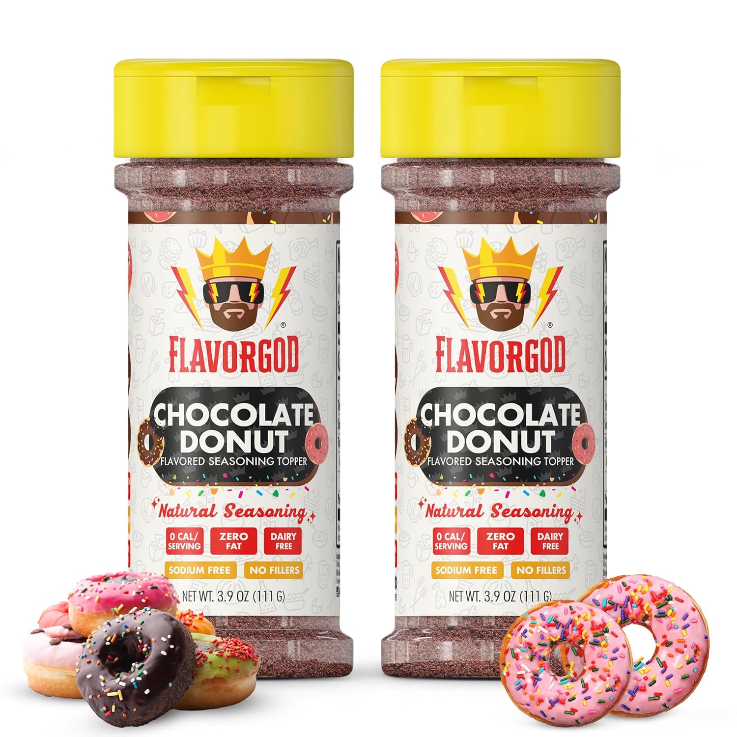 Chocolate Donut Topper Seasoning Mix, 2 Bottles by Flavor God - Premium All Natural & Healthy Spice - Blend for Coffee, Oatmeal, Pancakes & Smoothies - Kosher, Low Sodium, & Gluten-Free