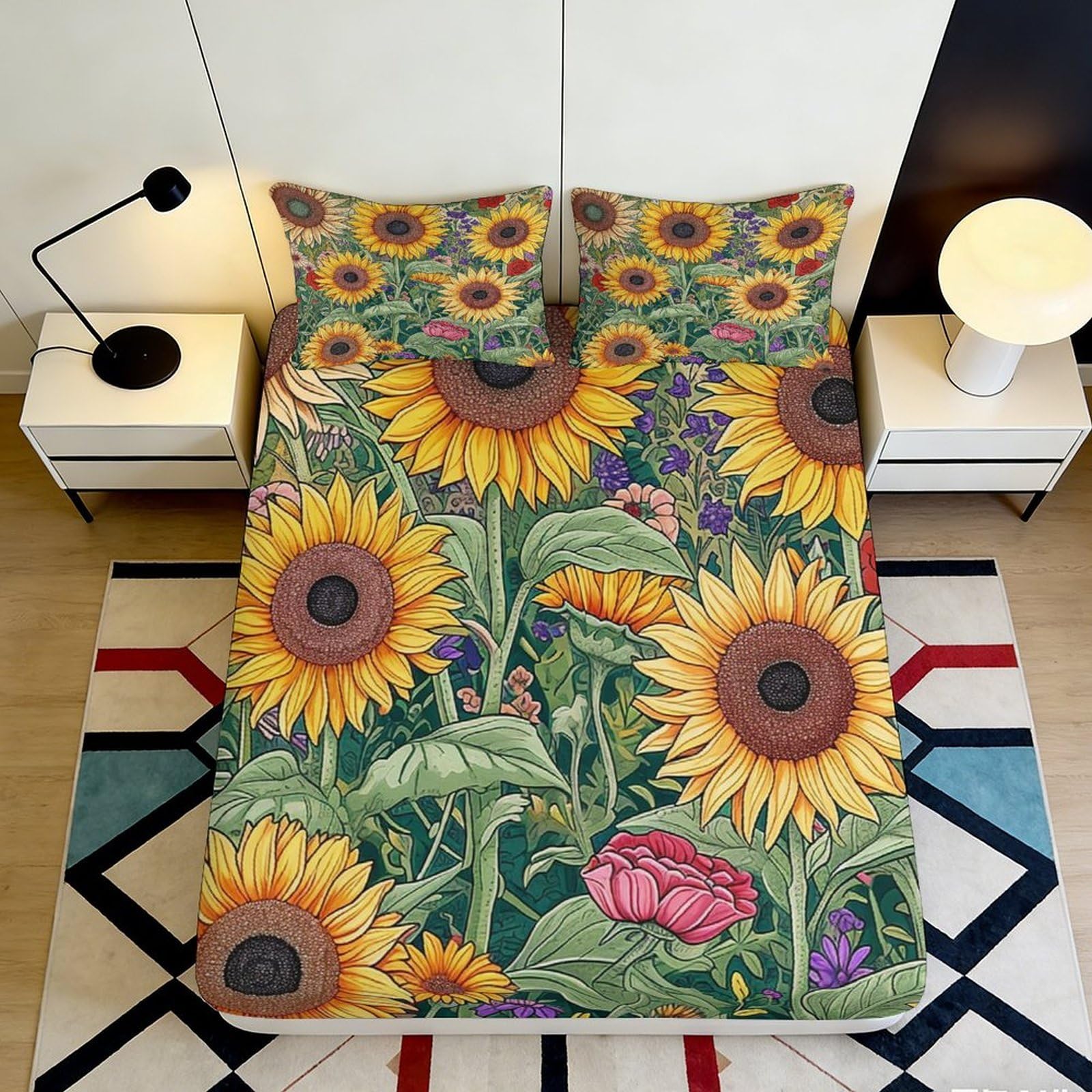 3D Printed Sunflower Fitted Sheet Microfiber Soft Breathable Floral Bed Cover with Anti-slip Protection for Bedroom Dormitory Guest Room 120x200x25cm