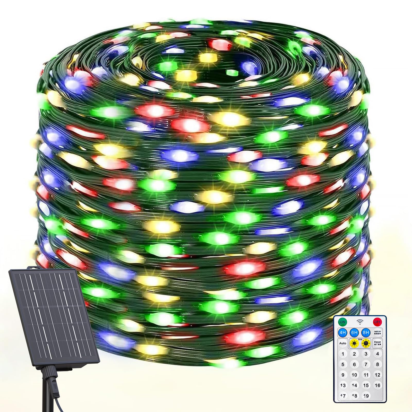 Guirlande lumineuse solaire pour extérieur, 42 m, 400 LED, résistante aux intempéries, 19 modes, multicolore, avec télécommande pour jardin, arbre, cour, décoration de Noël