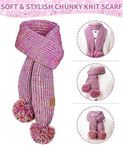 Miniatura 6 de Remifa Conjunto de bufanda y gorro de invierno para niños y niñas, con forro polar con pompón, bufanda larga, guantes cálidos
