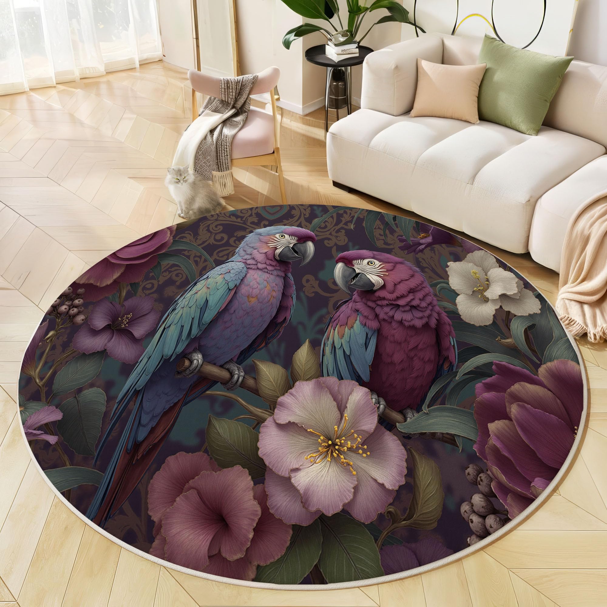 Tapis rond enfant exotique violet au motif perroquet unique