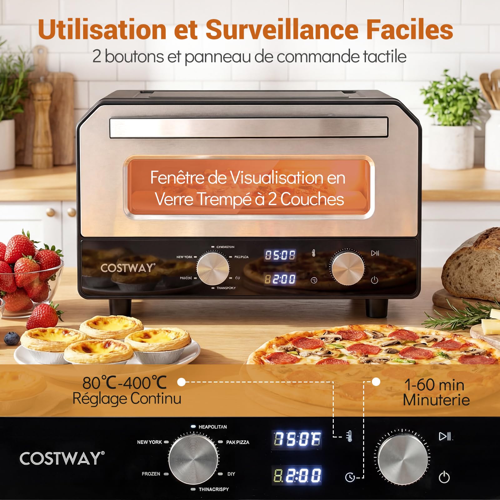 COSTW Four à pizza électrique, 1700W, Four de Comptoir avec 6 Programmes, pour Pizzas de 32 cm, Minuterie de 1 à 60 Minutes, Jusqu'à 400℃, Machine à Pizza avec Pierre à Pizza & Roulette à Pizza