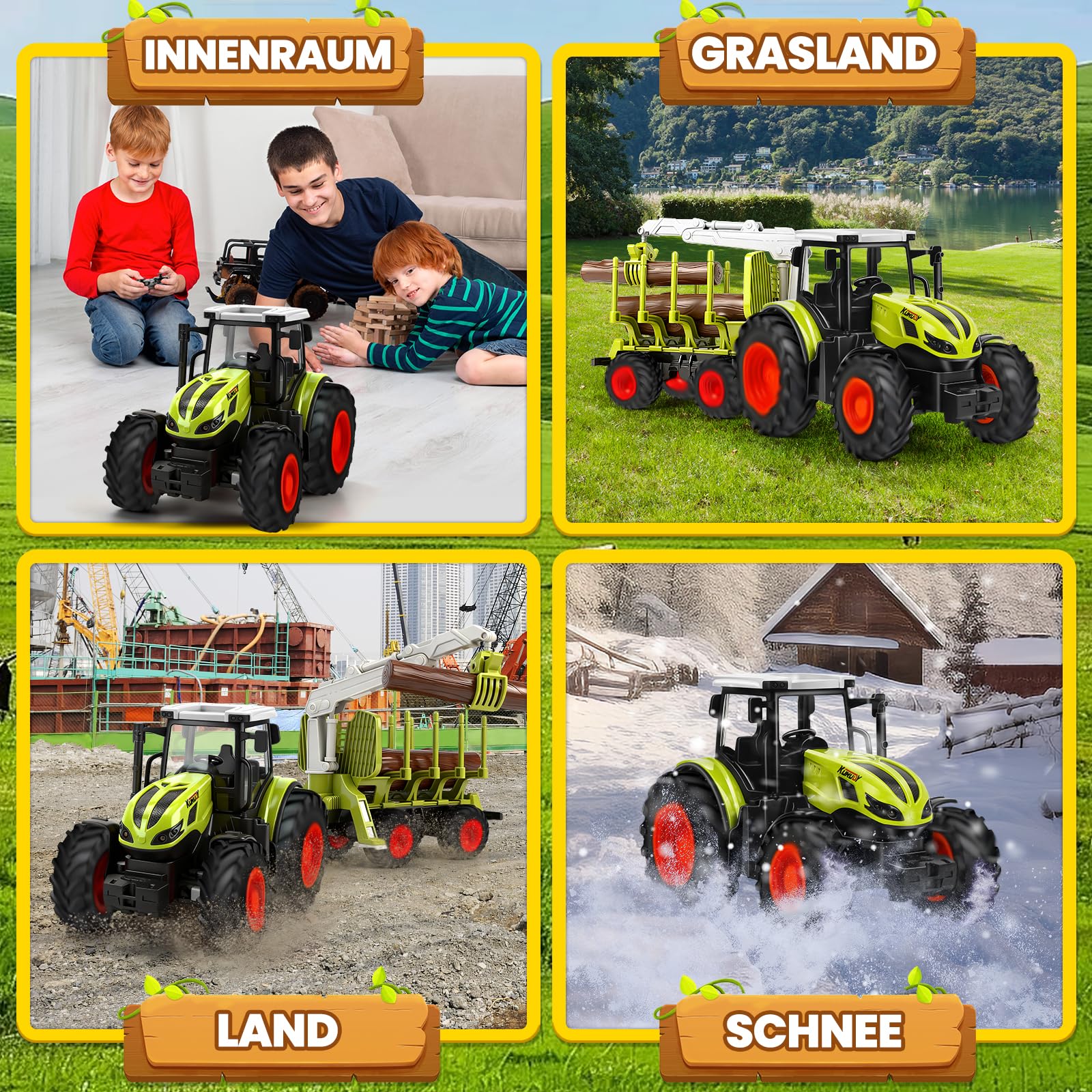 BuzzoXerex Ferngesteuerter Traktor Ferngesteuert, 1:16 RC Traktor mit Anhänger und Licht, 2.4 GHz Traktor Spielzeug mit Baumstämme, Kuh und Heuballen, Geschenk für Kinder ab 3 4 5 6 Jahre