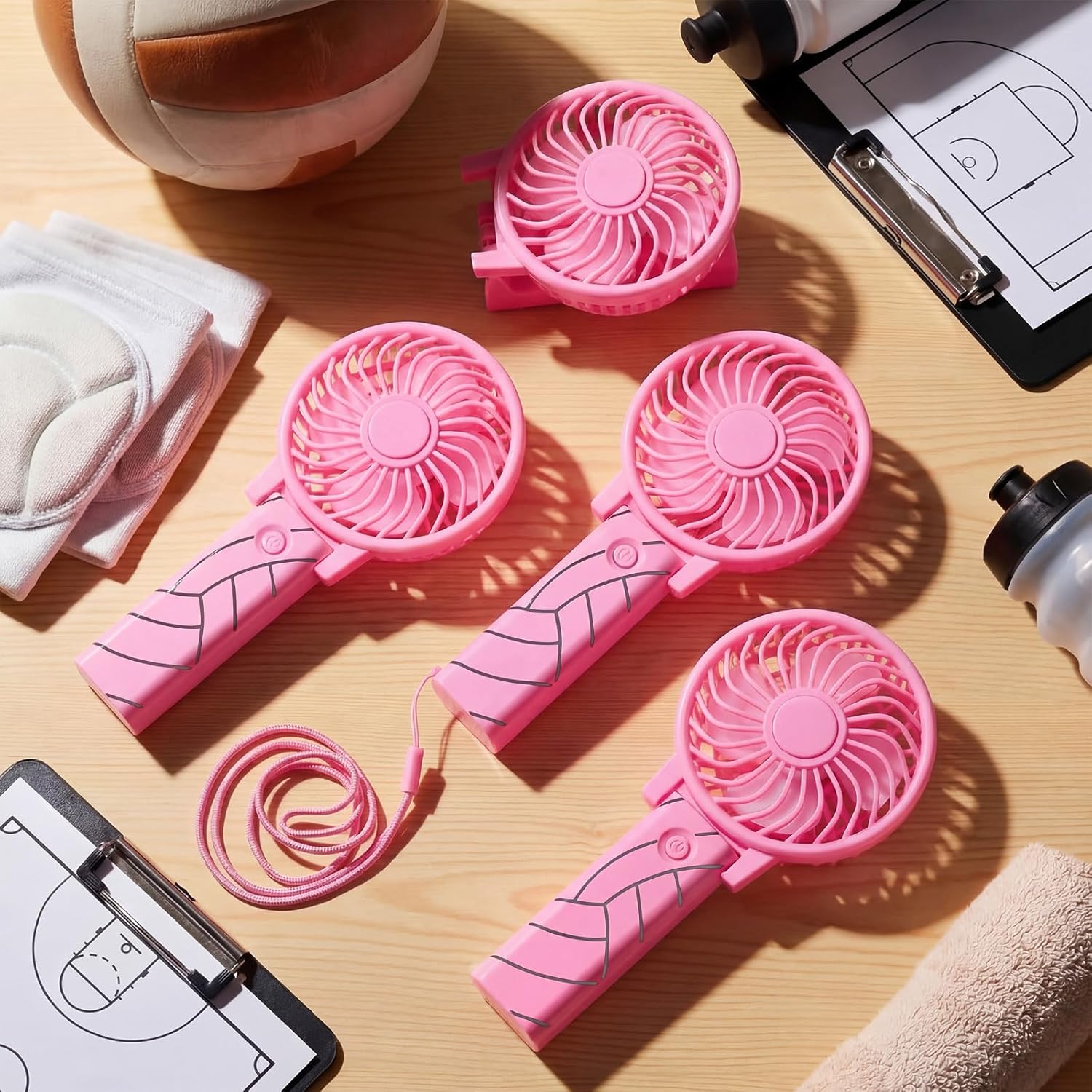 Glooglitter 12 Pcs Volleyball Mini Portable Fans Foldable Pink Volleyball Personal Handheld Fans Bulk with Lanyard Small Favor for Team Gift Outdoor Sport Game Cooling Favors, Battery Not Include