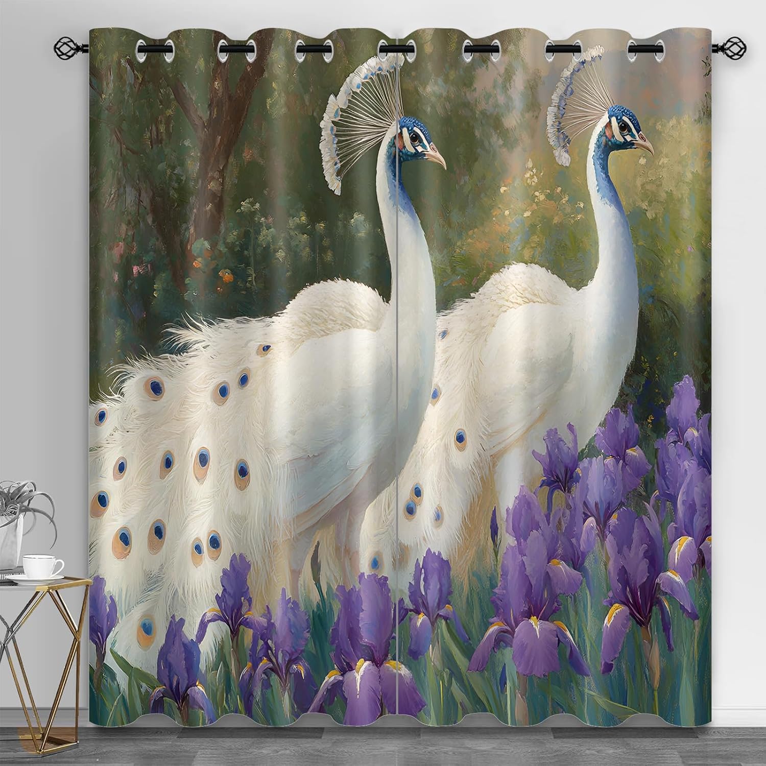 Peacock 3D Printed Curtains 63 inch Length, Malachite Green Feather Window Treatments for Bedroom, Grommet Curtains for Kitchen, Oil Painting Style Window Drapes, Peacock Home Decor, 2 Panels Set