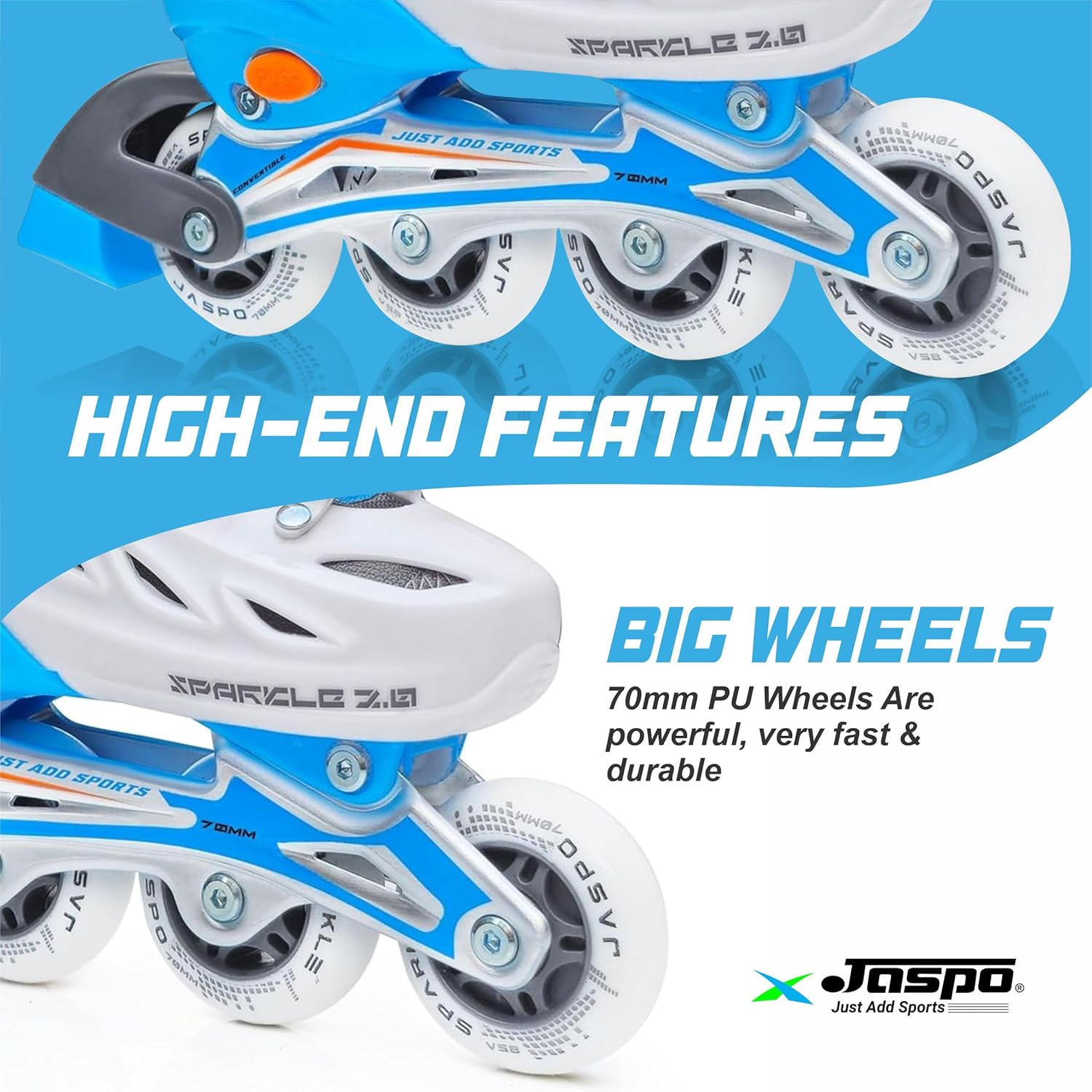 Jaspo Sparkle 2.0 Convertible & Adjustable Inline/Quad Roller Skates, 2-in-1 Design,Aluminium Chassis, 70mm PU 85A Wheels, PVC Shoe,for Kids & Youth