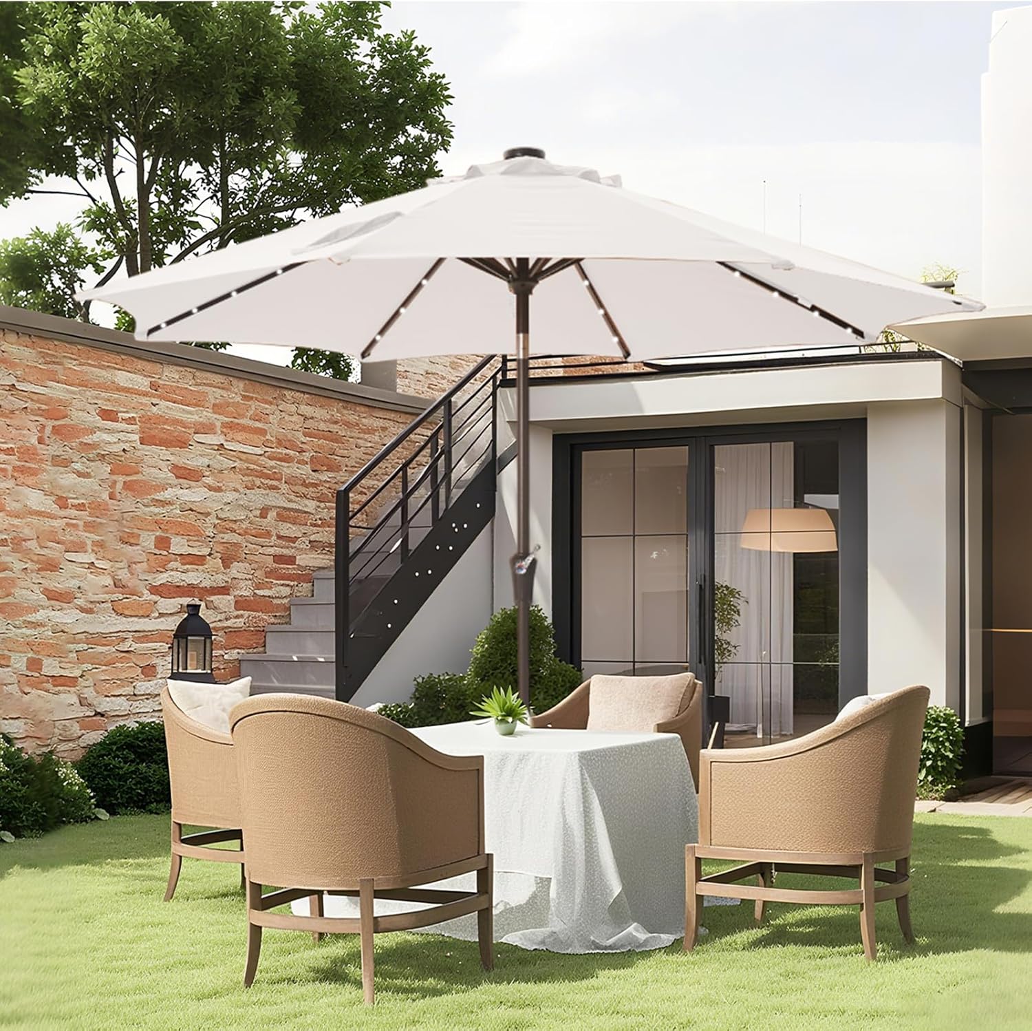 Ayge 9FT Solar LED Patio Umbrella with 32 Lights and Tilt Crank, Outdoor Market Umbrella with Solar Charging Panel, Sunshade for Deck, Pool,Garden, Backyard，White