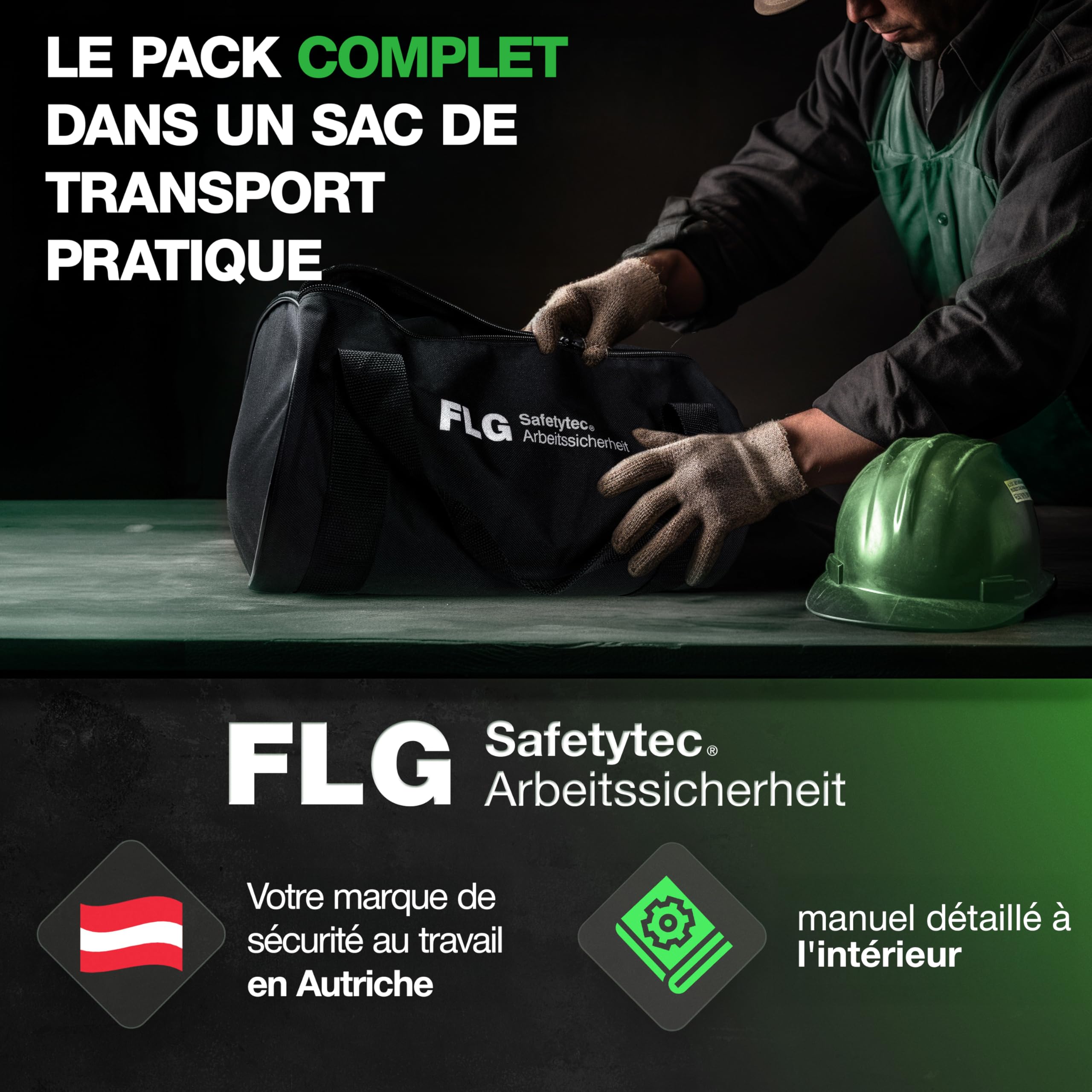 FLG Safetytec Kit complet de protection contre les chutes - Harnais de sécurité 2 points avec connecteur de 10m et sangle de 2m pour une sécurité maximale lors des travaux en hauteur selon EN353/361