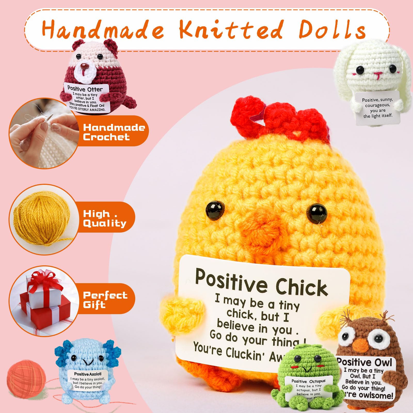 HDZXLLW 6PCS Handmade Crochet Animals Set - Positive Emotional Support Gifts for Women, Men,Friends, Coworkers Easter Basket Essentials with Rabbit,Encouragement Decor for Birthdays, Christmas & Home