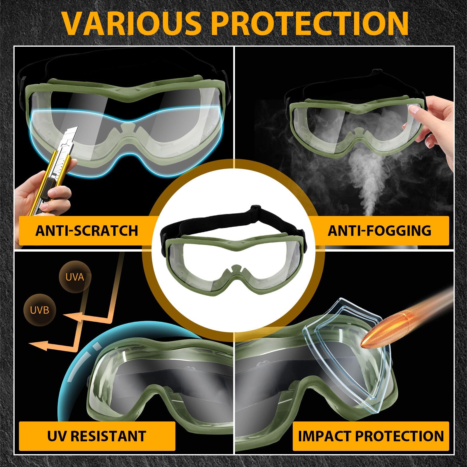 Qavctw Tactical Helmet Airsoft Military Safety Goggles with Anti-Fog Lens For Hunting Shooting Paintball Cycling Green - Image 2