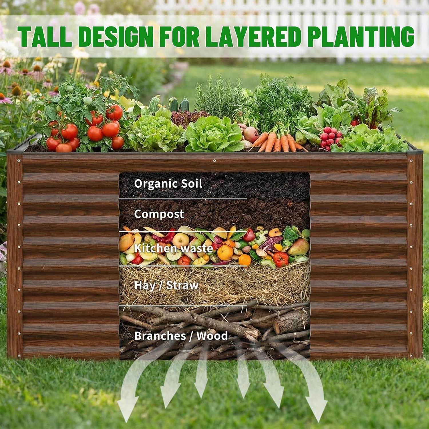 SnugNiture 36" Tall Raised Garden Bed, Easy Gardening at Waist Height, 8x4x3ft Large Galvanized Metal Outdoor Planter Box for Vegetables Flowers, Brown