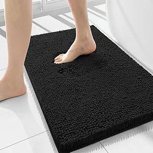 Smiry Luxury Chenille Bathroom Rugs 34x21, Extra Soft and Absorbent Shaggy Bath Mat, Machine Washable, Non-Slip Plush Carpet Runner for Tub, Shower, and Floor, Home Decor Accessories, Black