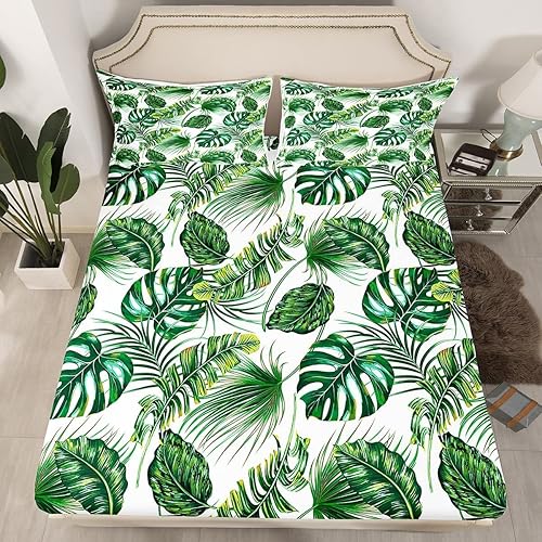 Miniatura 2 de Erosebridal Juego de sábanas hawaianas de hojas de palmera Monstera con hojas de plátano de Monstera, tamaño King, hojas tropicales de verano,