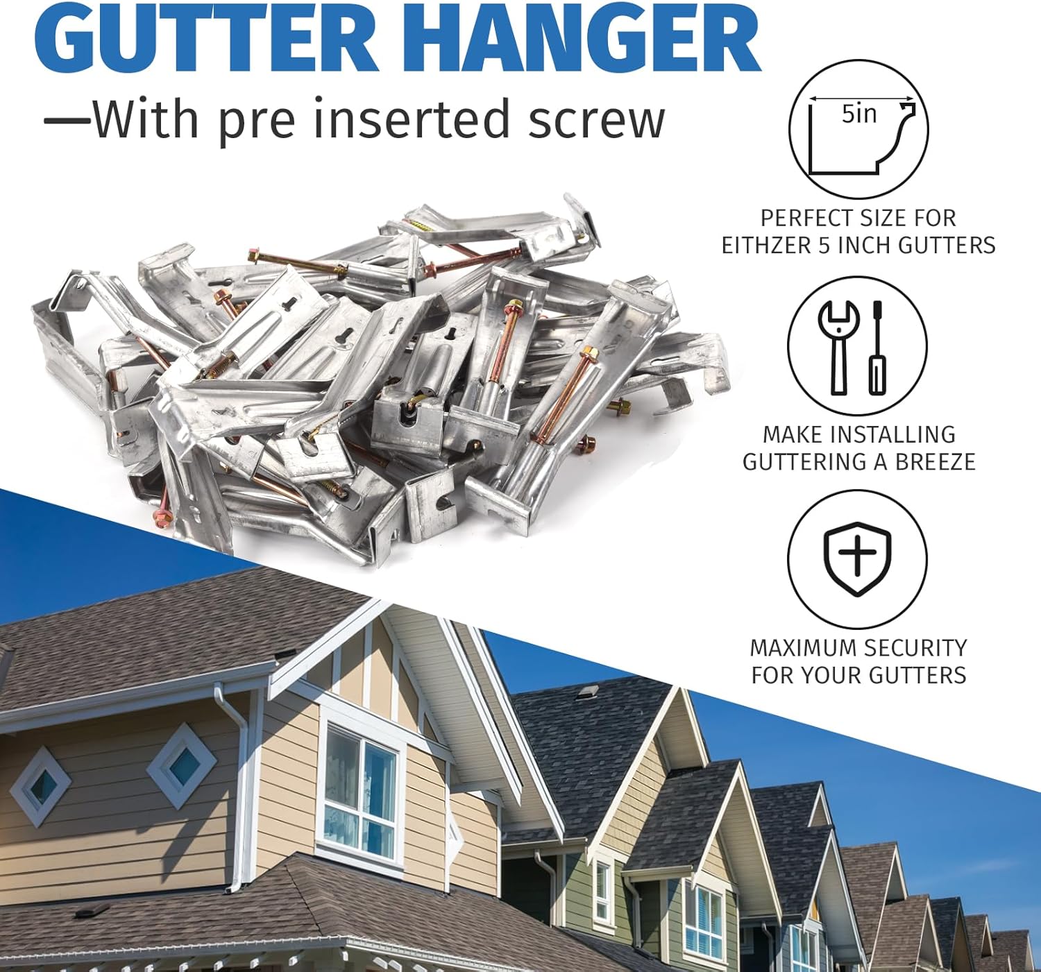 100 Pack Gutter Hangers, Gutter Hangers 5 Inch, Rain Gutter Hangers, Heavy Duty Gutter Hangers with a Pre Inserted Rust Resistant Screw, Hidden Gutter Hangers for 5" K Style Aluminum Gutters