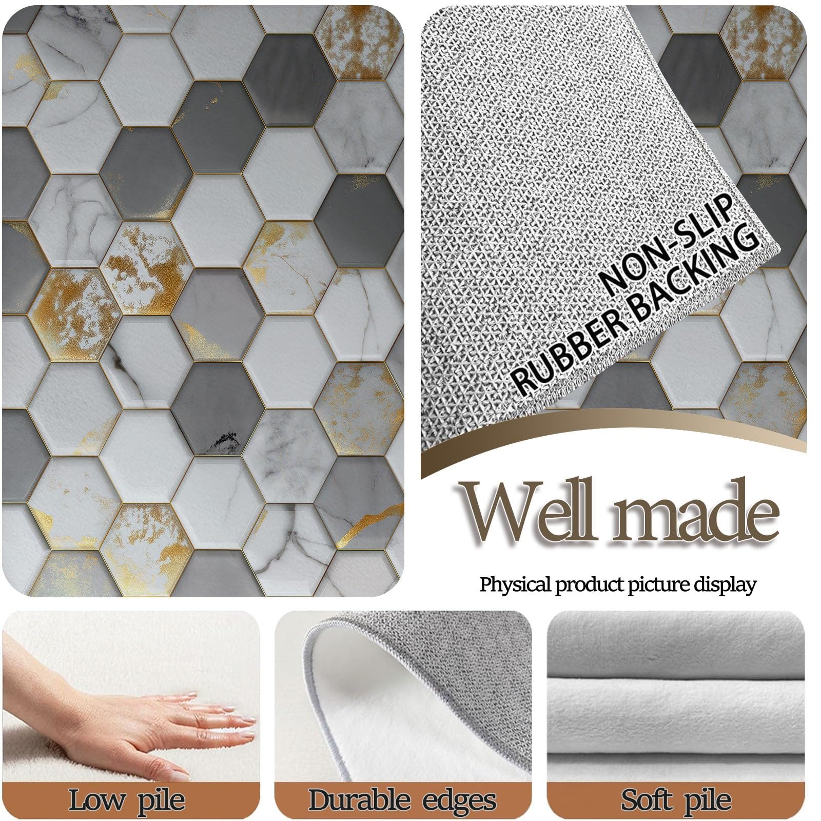 Tappeto Soggiorno 140 x 200 cm, grigio marmo esagonale geometrico, moderno tappeto stampato lavabile in lavatrice, tappeto morbido antiscivolo, per camera da letto e ufficio, sala giochi