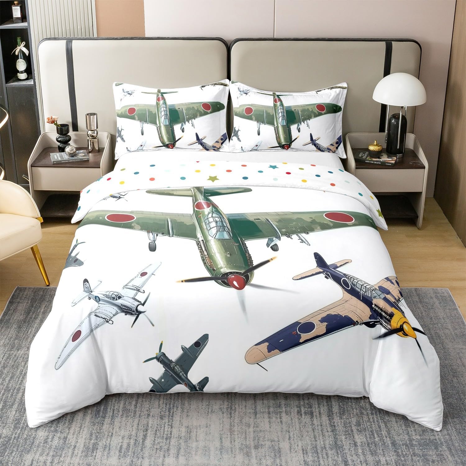 Erosebridal Fighter Airplane Comforter Cover Queen Size 100% Cotton Army Green Aircraft Duvet Cover Air Transport Bedding Set for Boys Girls Kids Cool Fighter Aircraft Bed Set