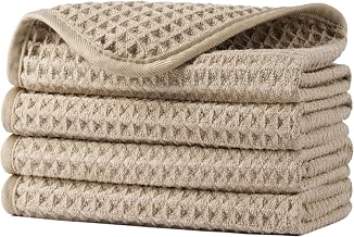 POLYTE 430 GSM Poly Blend Microfiber Waffle Wash Cloth Face Towel, 13x13 in | 4 Pack, Oversize, Lint Free, Quick Dry, Hanging Loop, For Showerig, Fingertip Towel