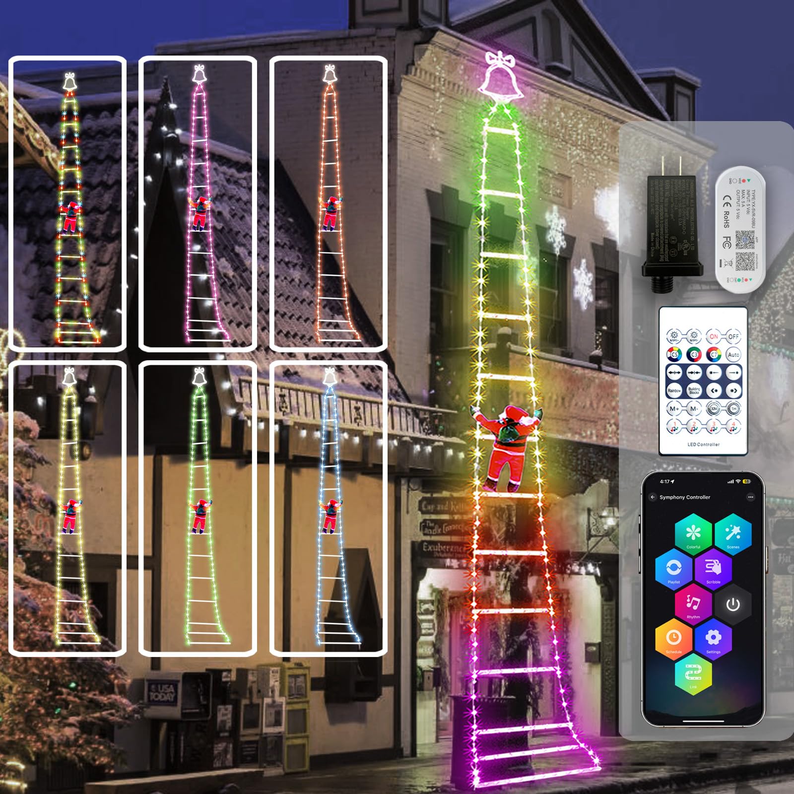 SOSHOT 10FT 200 LED Smart RGB Christmas Ladder Lights with Bluetooth & App Controlled Music Sync Color Changing Xmas Lights for Window Wall Home Garden Outdoor Indoor Decor - RGB Multicolor