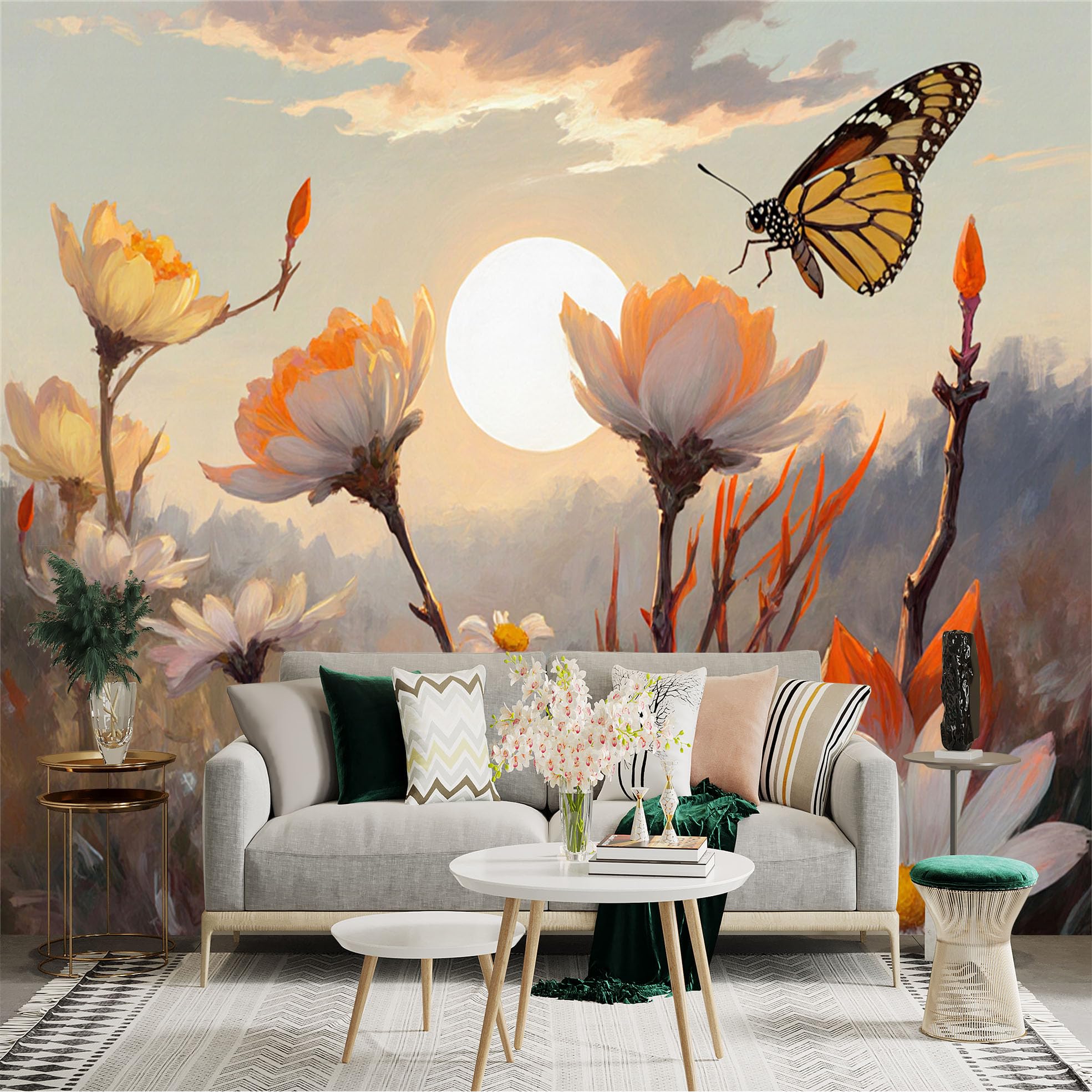 Custom Size Wall Sticker Mural， Sunrise with Butterflies and Wildflowers in Bloom， for wall Decoration， peelandstick wall Decals.