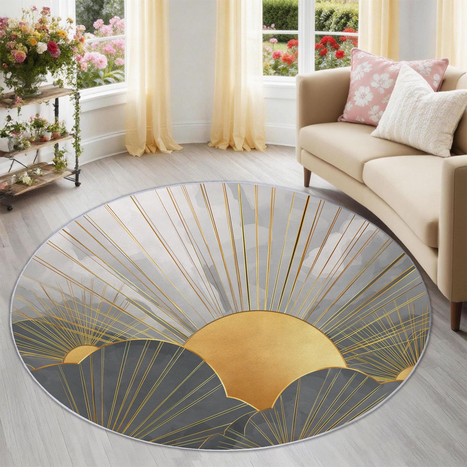 Tapis rond gris or élégant au design soleil imprimé haut de gamme