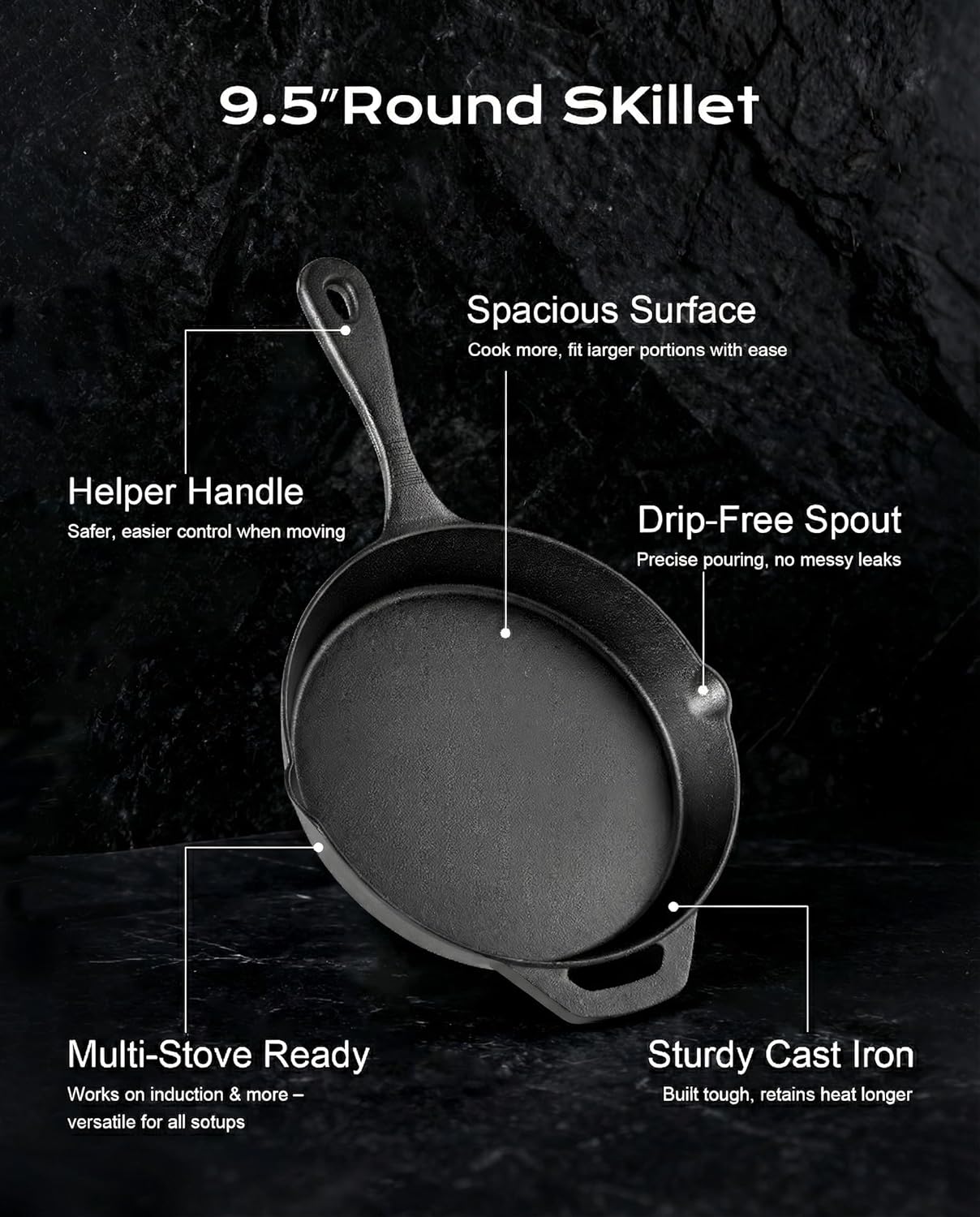 10 Inch Cast Iron Skillets with Teardrop Handle – Oven Safe Frying Pan, Camping Cookware for Oven, Stove & Grill Use
