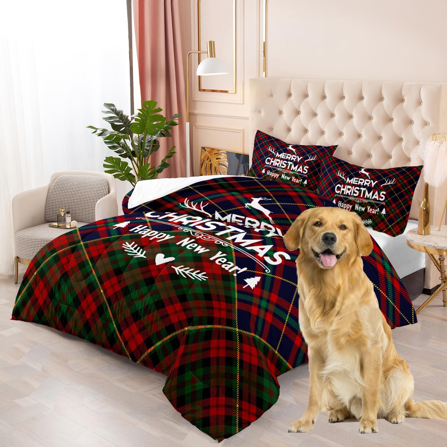 ITFRO Christmas King Bedding Comforter Set Pine Tree Deer Sled Buffalo Check Plaid 3 Pieces Comforter Set Soft Warm Microfiber Bedding Sets with 1 Comforter and 2 Pillowcases All Season (Red, King)