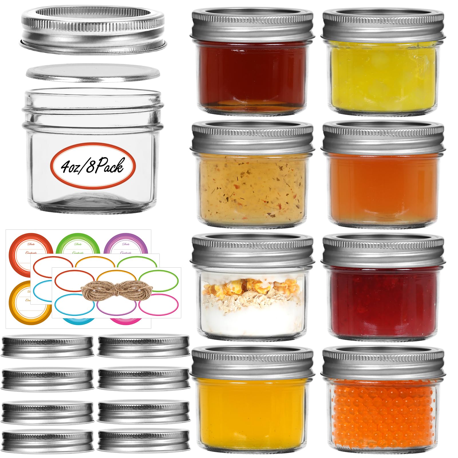 Tarros pequeños Mason, paquete de 8 tarros de vidrio de 4 onzas con tapas regulares, mini tarro de conserva, ideal para gelatina, mermelada, miel, postre, especias, recuerdos de boda, velas
