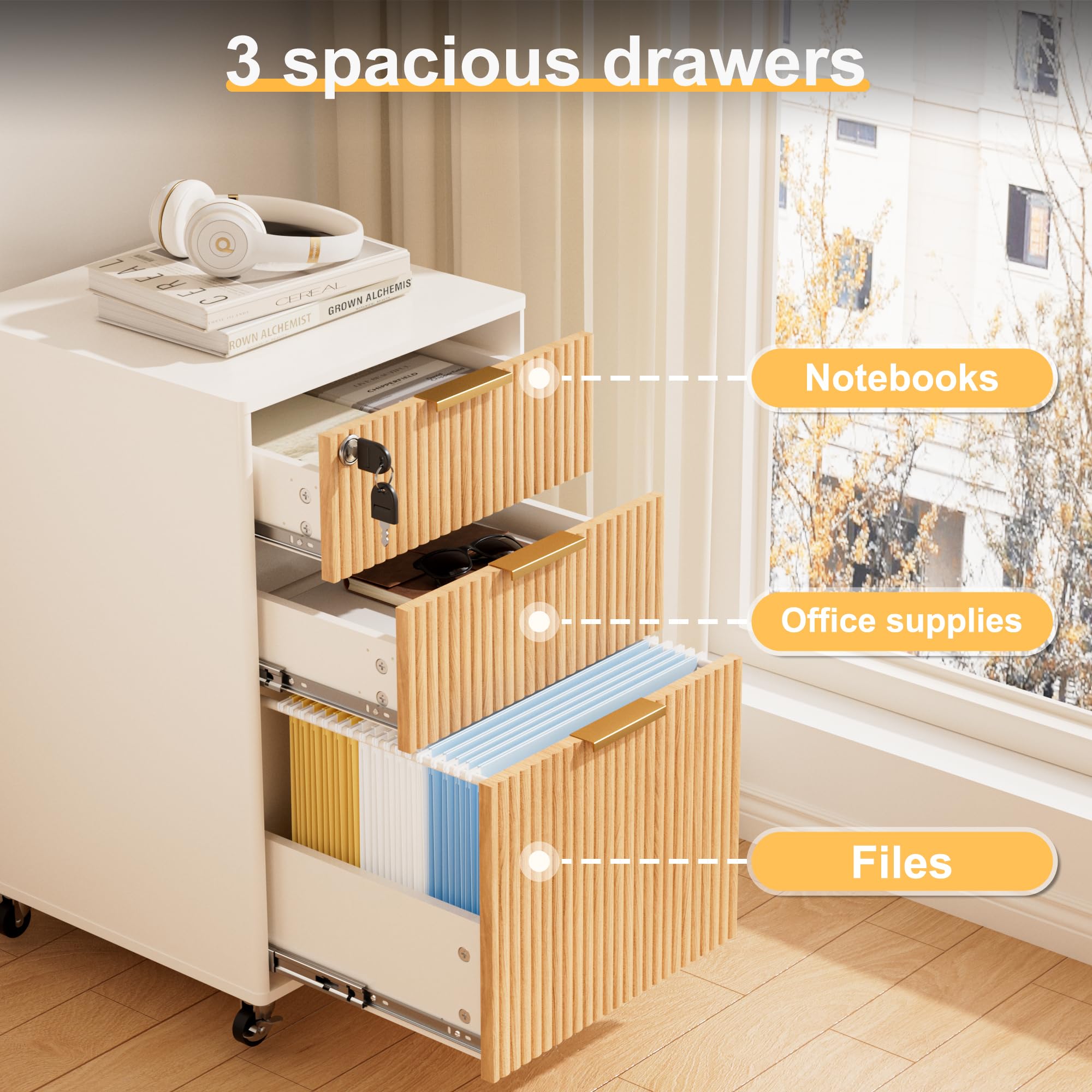 3 Drawer Mobile File Cabinet with Lock, Rolling File Cabinet, Under Desk Wooden Filing Cabinets for Home Office