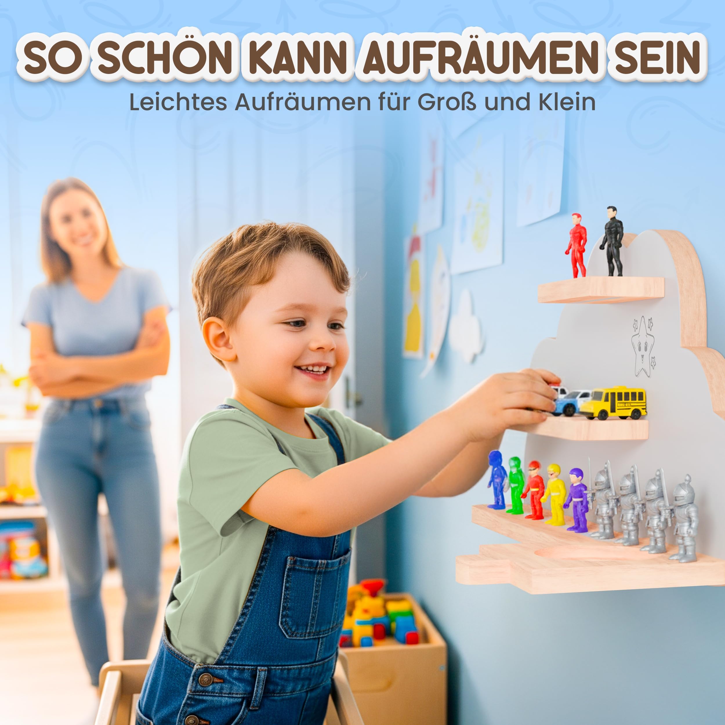 Twinklertoy’s Hörbox Wandregal aus Holz – mit magnetischer Halterung & zusätzlichen Sternen – für 30–37 Hörfiguren – Regal in Wolkenform fürs Kinderzimmer – kompatibel für Toniebox & Figuren